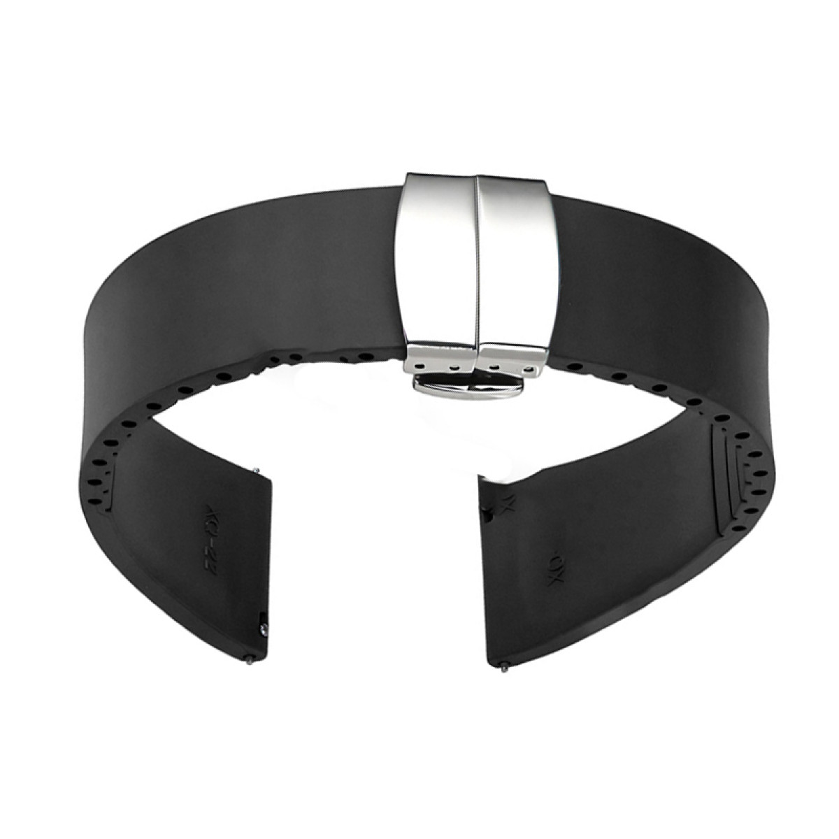Cinturino nero per orologio con chiusura argentata. Il cinturino è aperto, mostrando l'interno.