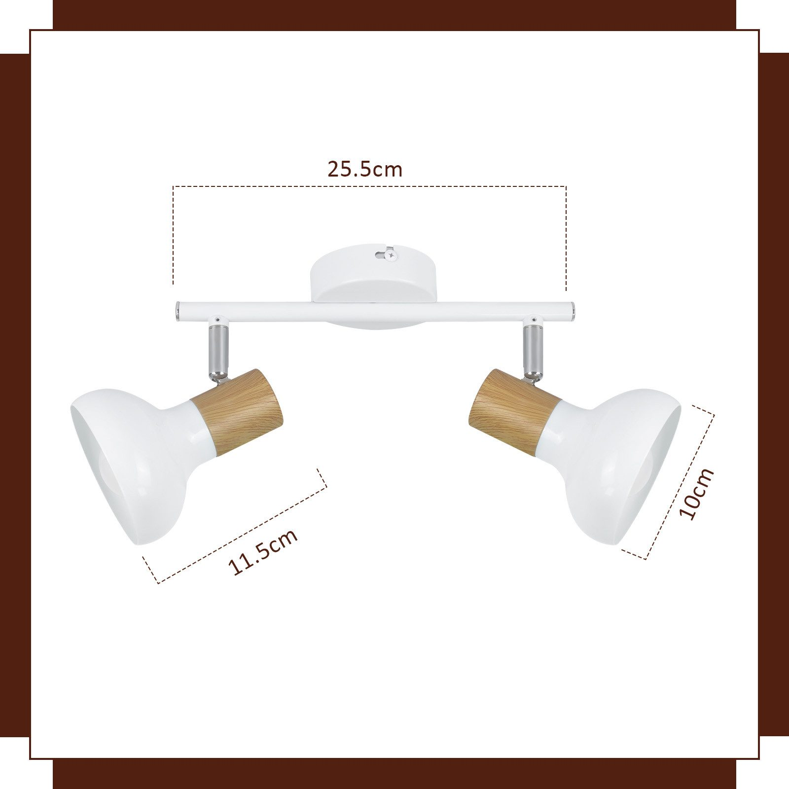 Faretti bianchi da soffitto con accenti in legno. Misurano 25,5 cm, 11,5 cm e 10 cm.