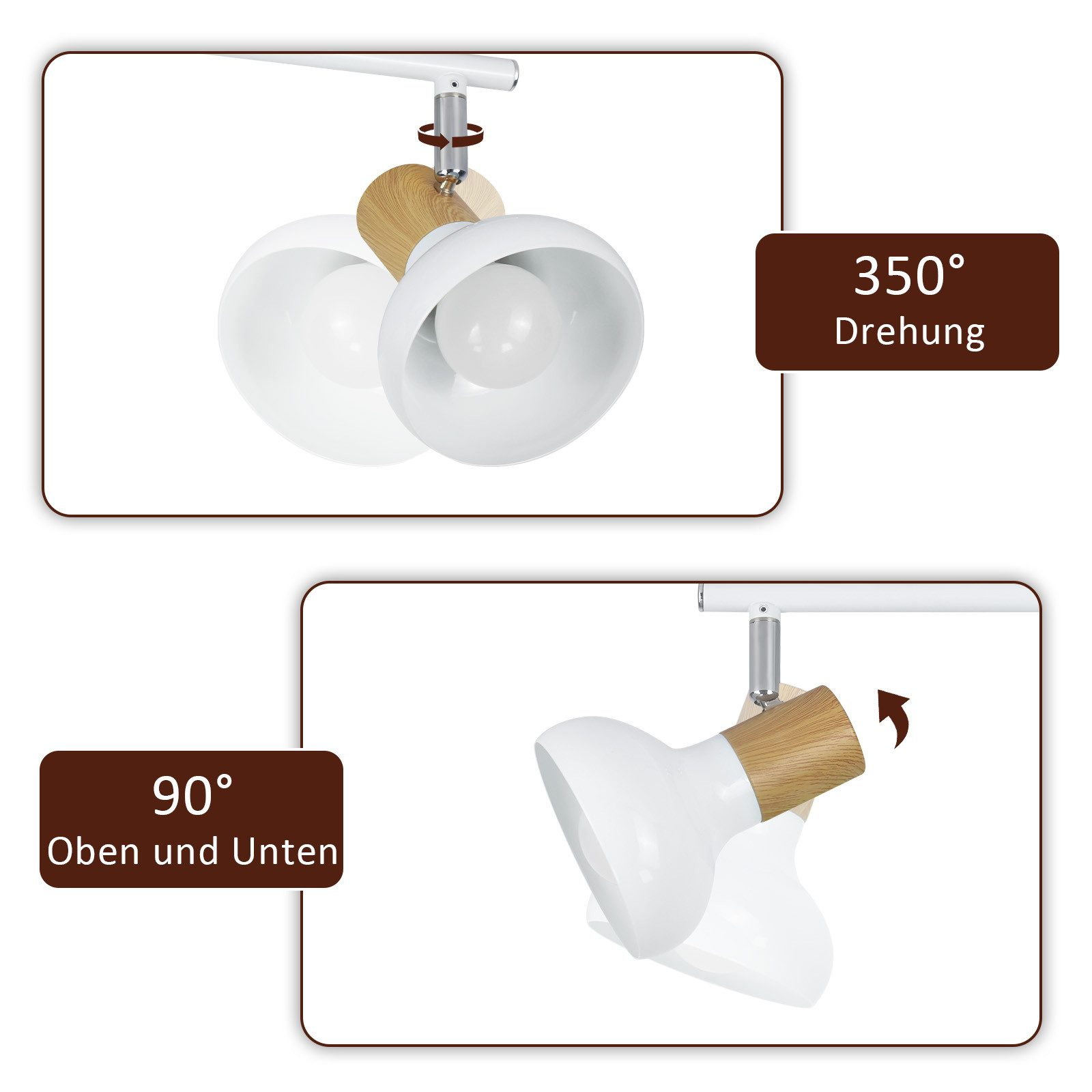 Lampada bianca con dettagli in legno. Mostra angoli di movimento: rotazione di 350° e 90° su e giù.