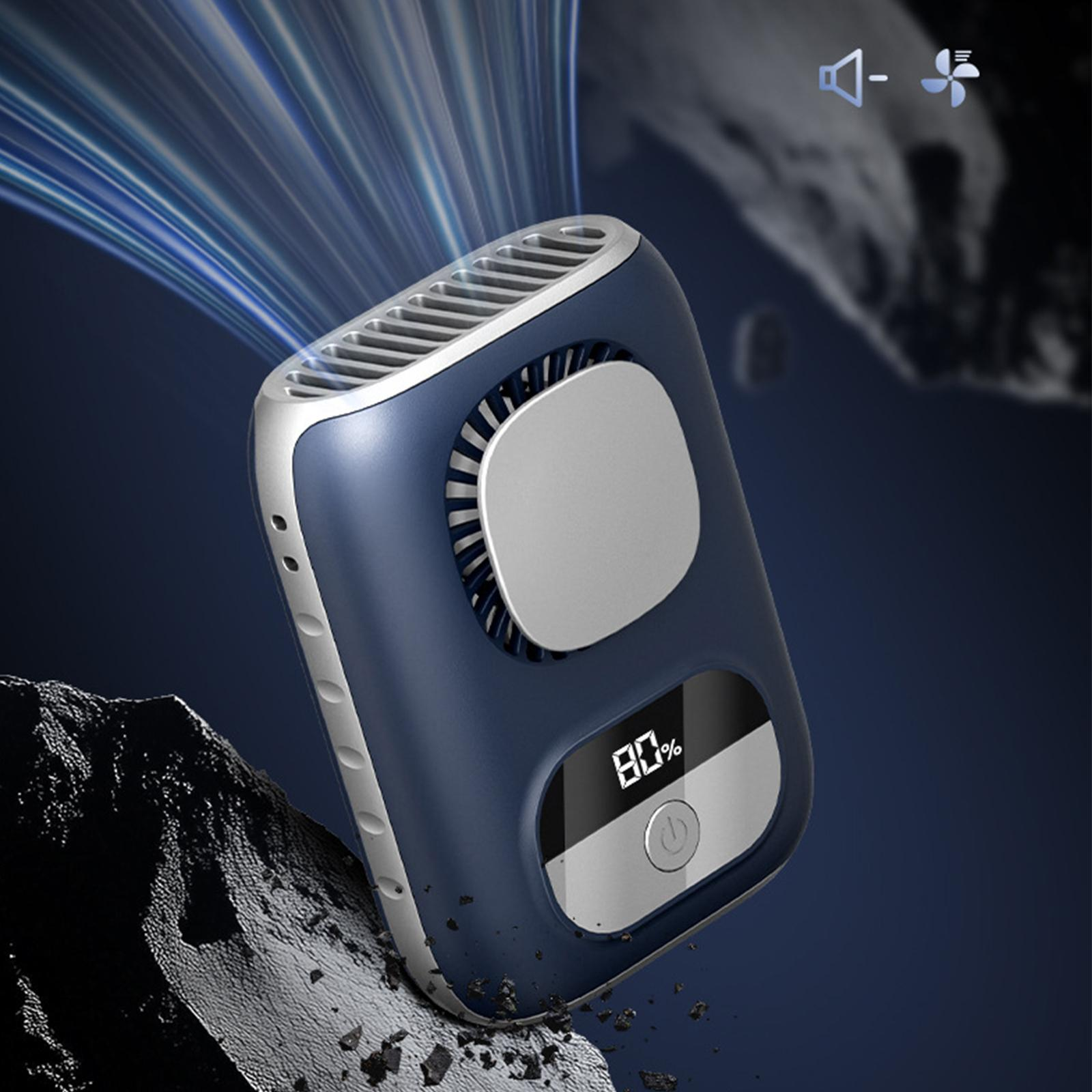 Blau-silberner tragbarer Ventilator mit 80 % Akkuanzeige und einem Lüftersymbol.