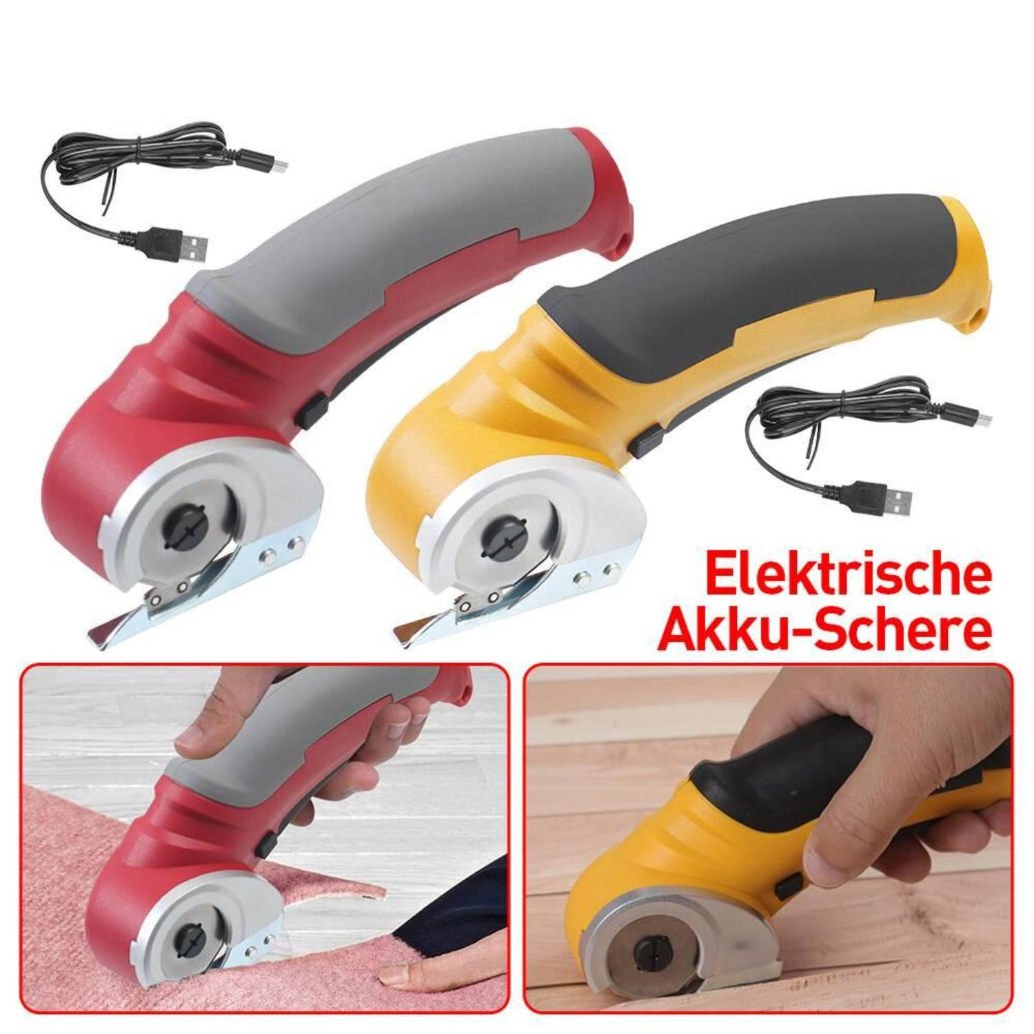 Zwei elektrische Rollschneider. Rot und gelb, mit USB-Kabeln. Kleine Bilder zeigen die Verwendung.
