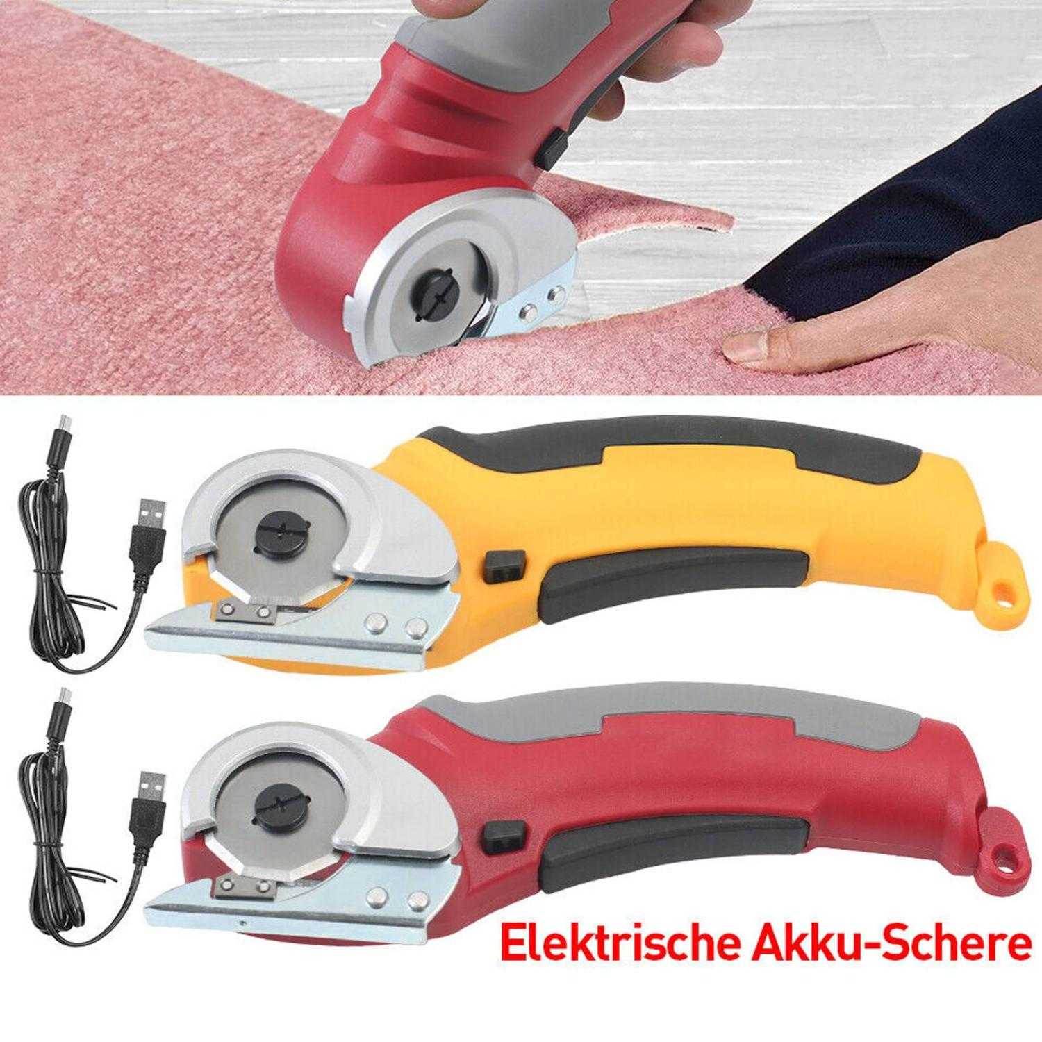 Zwei elektrische Rollschneider, rot und gelb. USB-Kabel enthalten. Roter Schneider in Gebrauch.