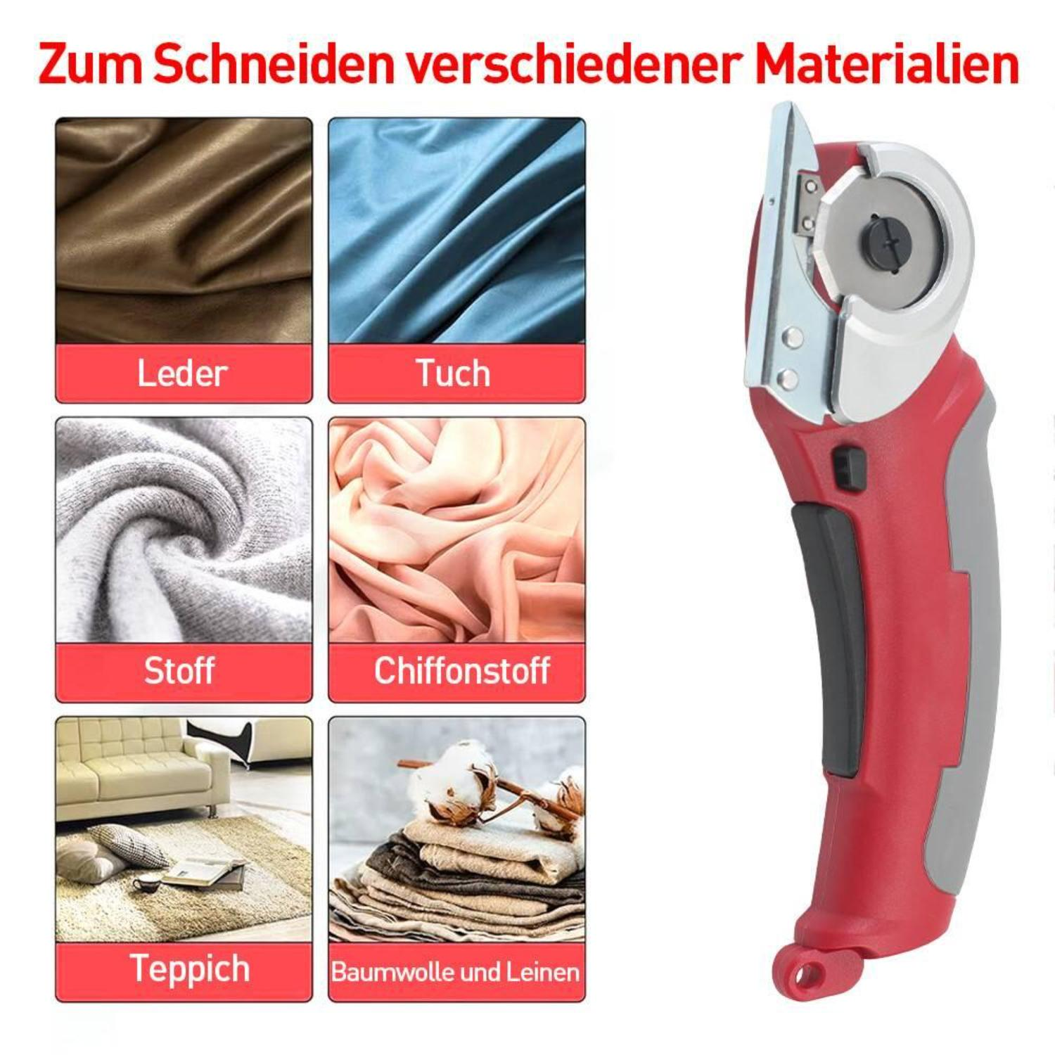 Rollschneider mit Materialproben: Leder, Stoff, Wolle, Chiffon, Teppich und Baumwolle/Leinen. Deutscher Text.
