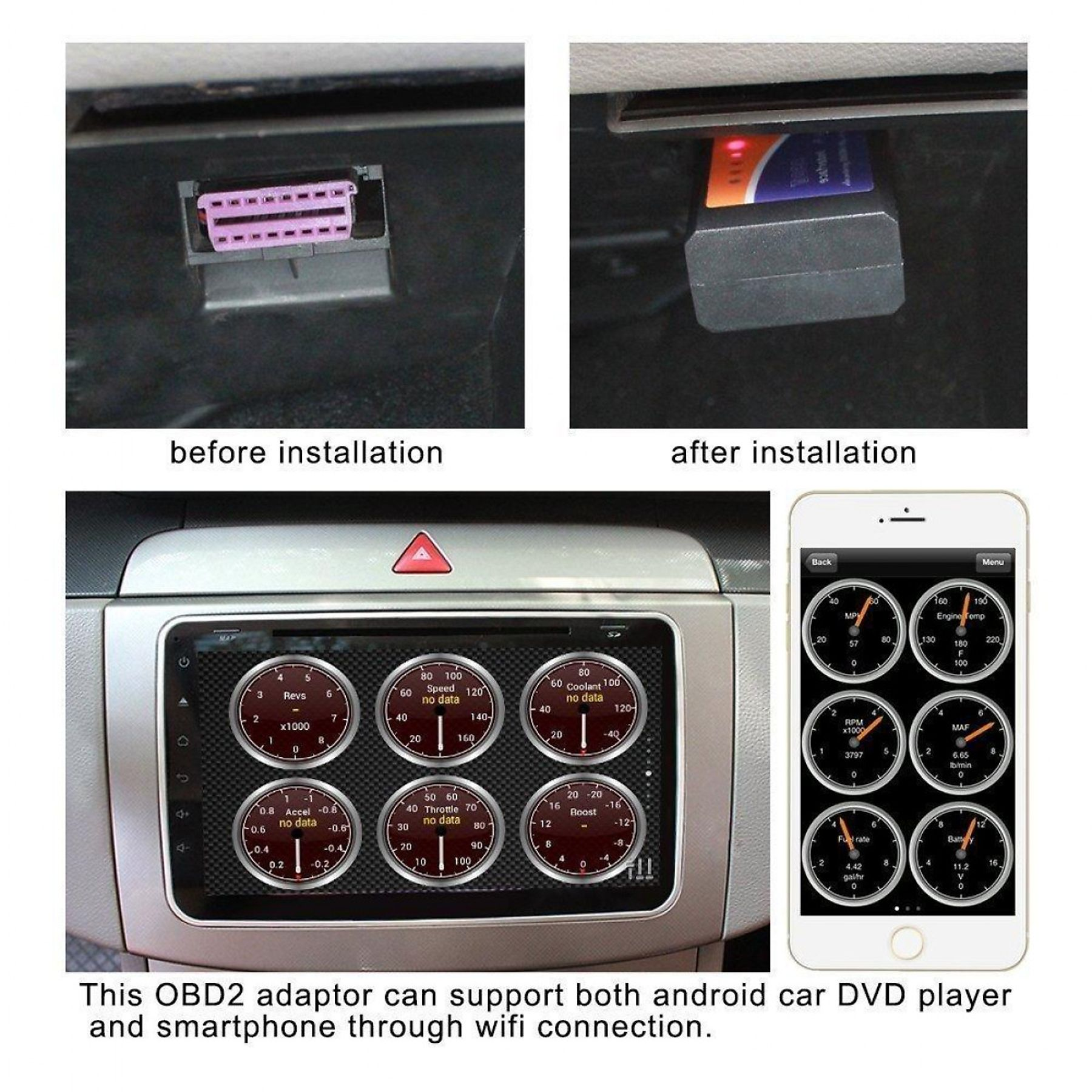 Bilder vor und nach der OBD2-Adapterinstallation mit Armaturenbrett und Telefonanzeige.