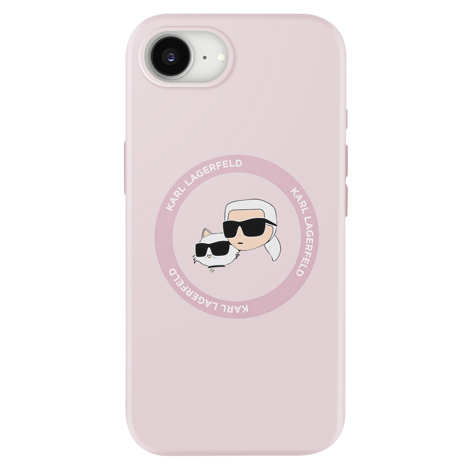 Custodia per iPhone rosa con logo Karl Lagerfeld e illustrazione di gatto. Sfondo bianco.