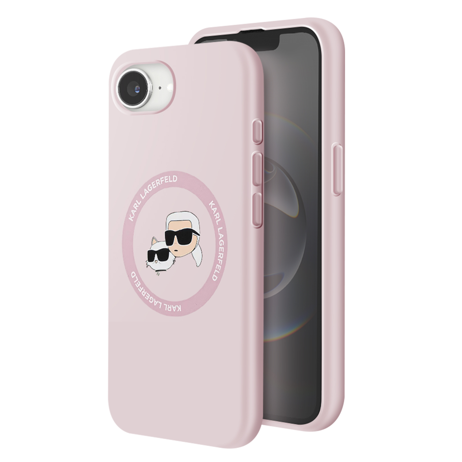 Custodia per telefono rosa Karl Lagerfeld con logo di un gatto e il nome del marchio.