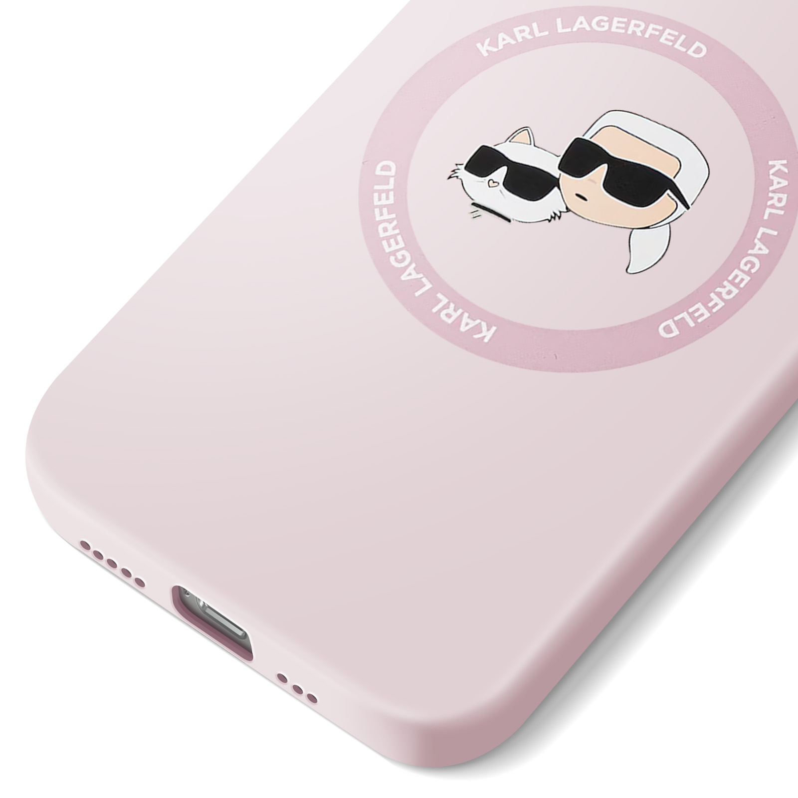 Una custodia rosa per telefono con un design Karl Lagerfeld con un gatto e il logo del marchio.