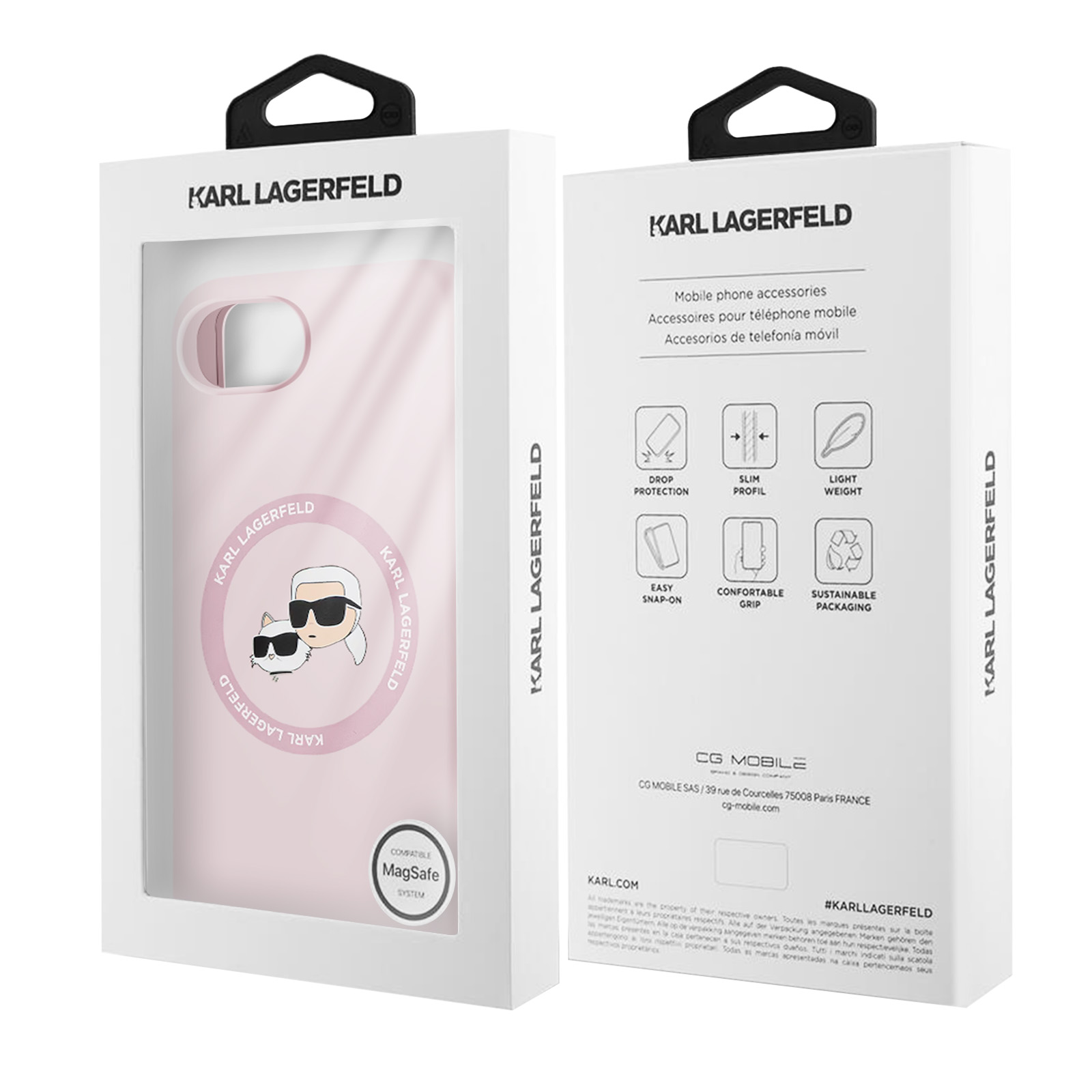 Custodia rosa in una scatola bianca con marchio Karl Lagerfeld.
