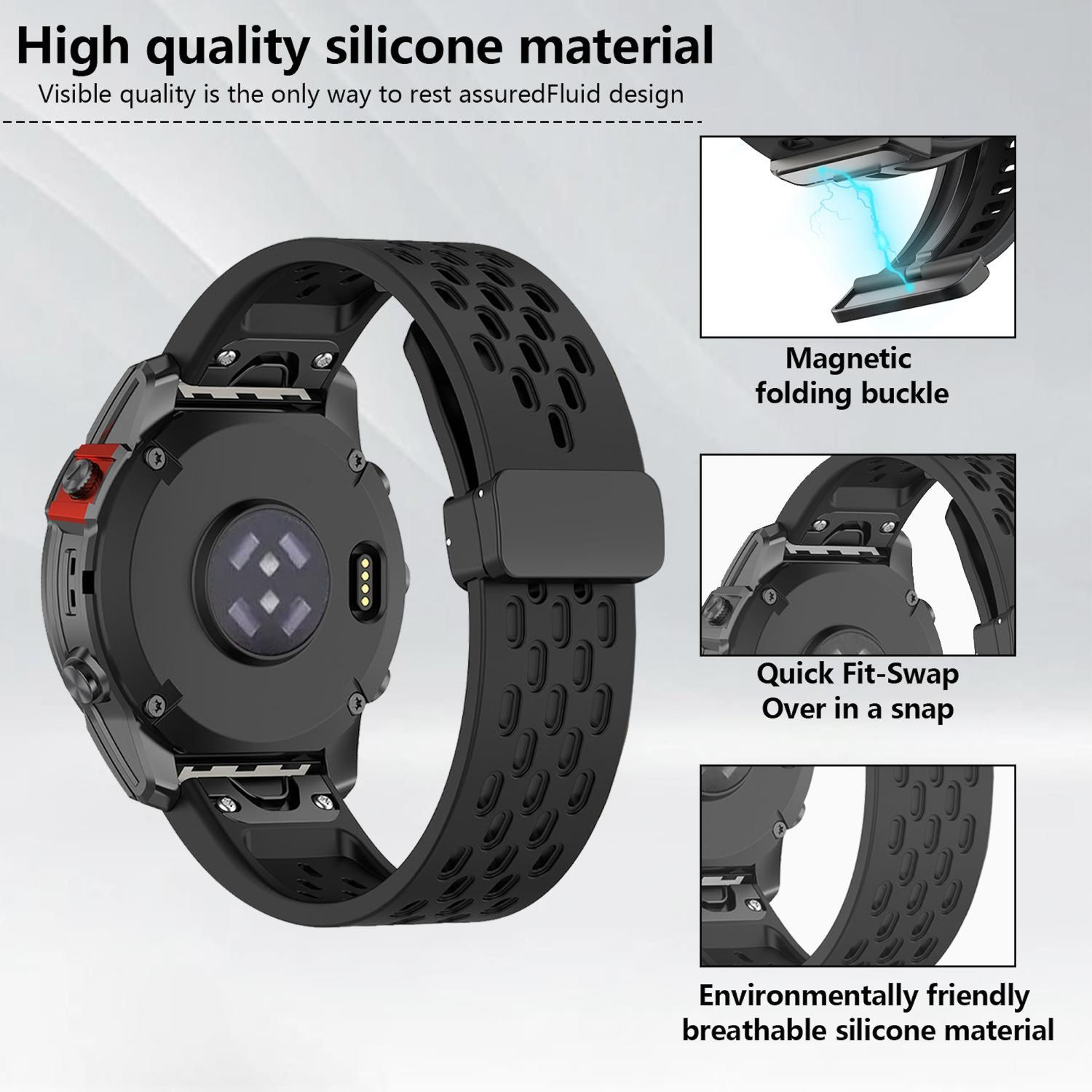 Schwarzes Silikon-Armband mit detailliertem Design und drei Nahansichten seiner Funktionen.