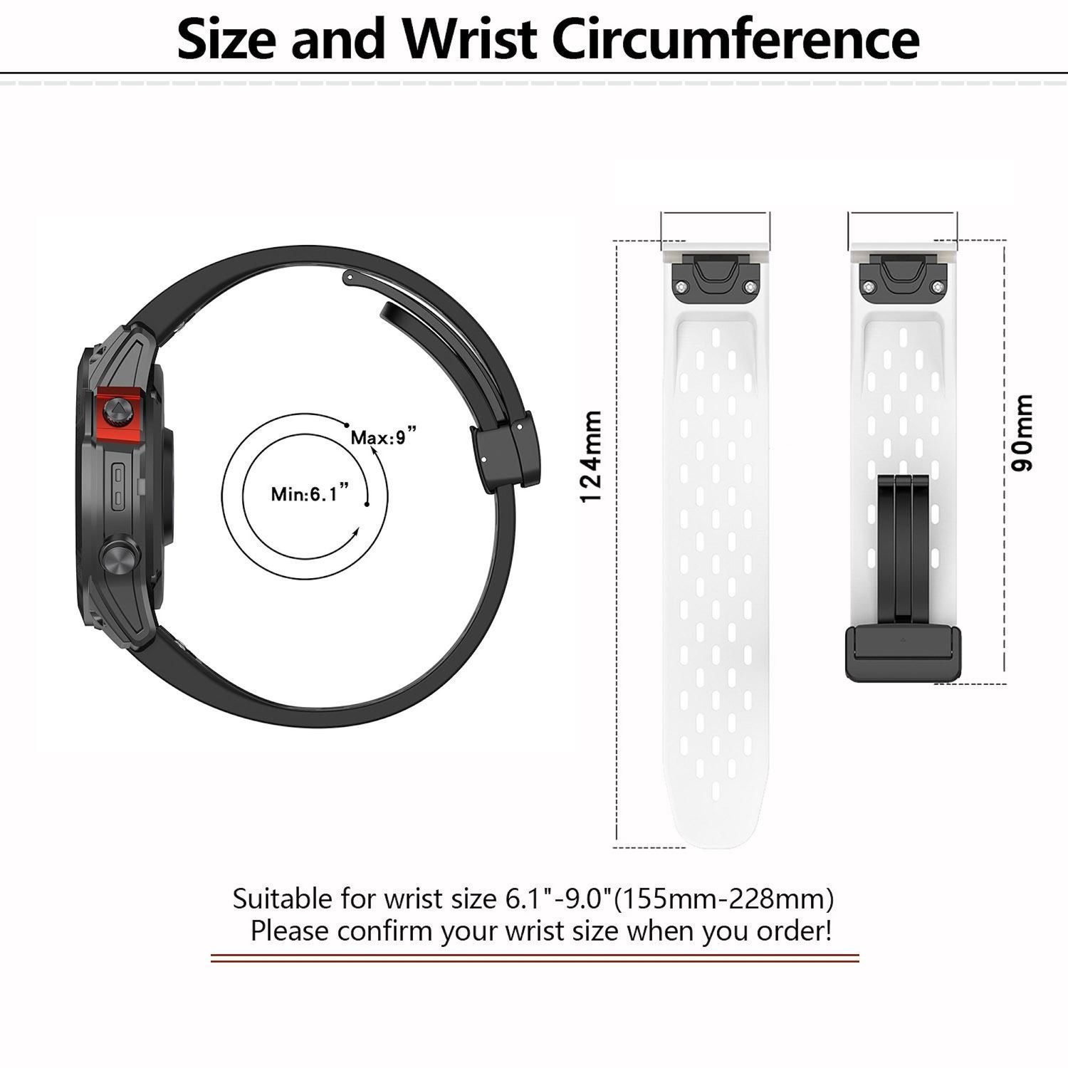 Eine Smartwatch mit Armband und Größenangaben, passend für Handgelenke von 6,1"-9,0" (155mm-228mm).
