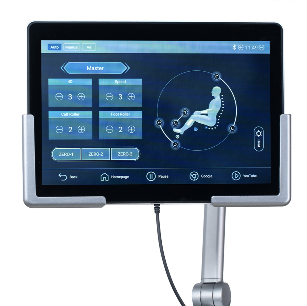 Tablet mit Steuerungsoberfläche für Massagesessel, montiert auf einem Ständer, zeigt verschiedene Einstellungen.