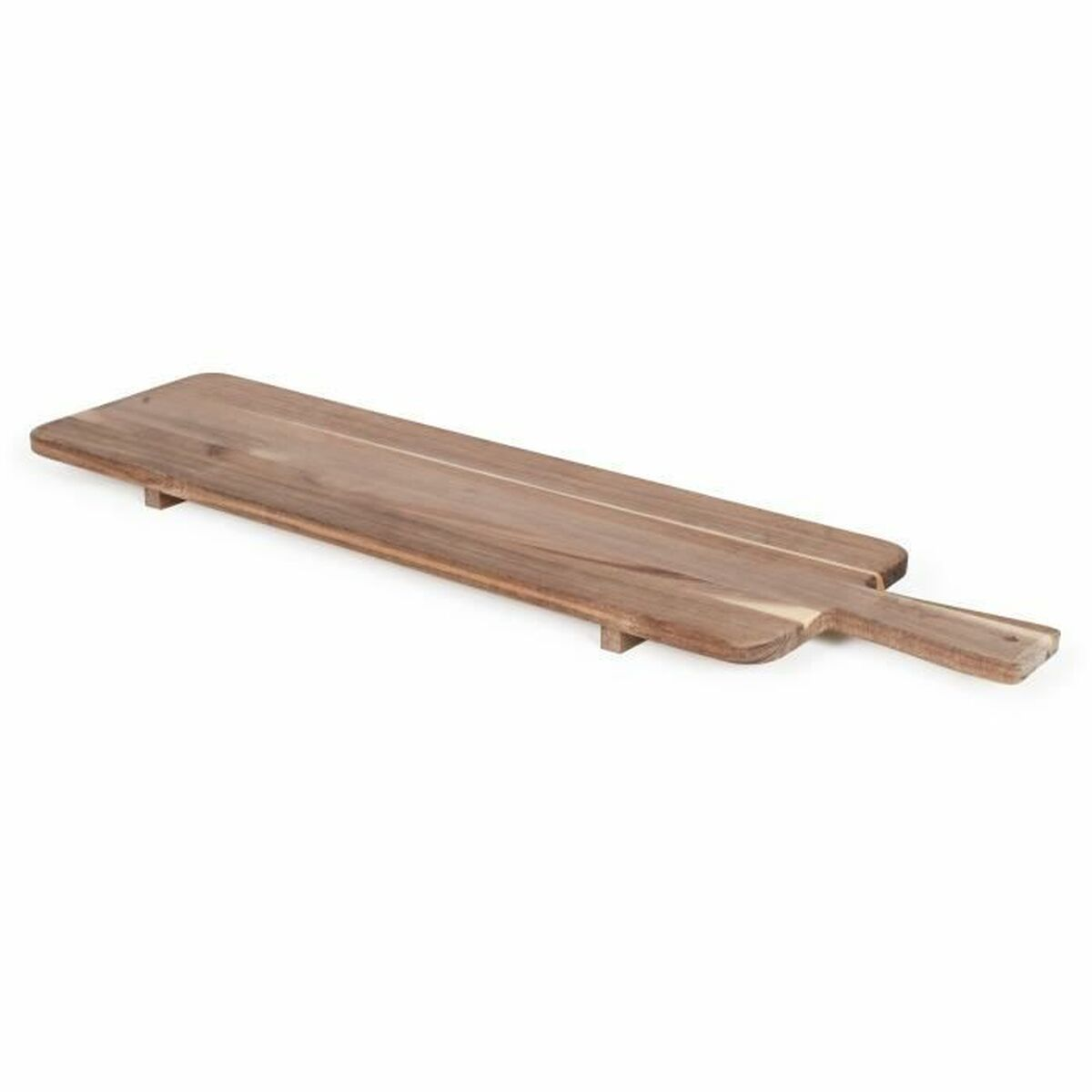 Un tagliere lungo in legno con manico, isolato su sfondo bianco.