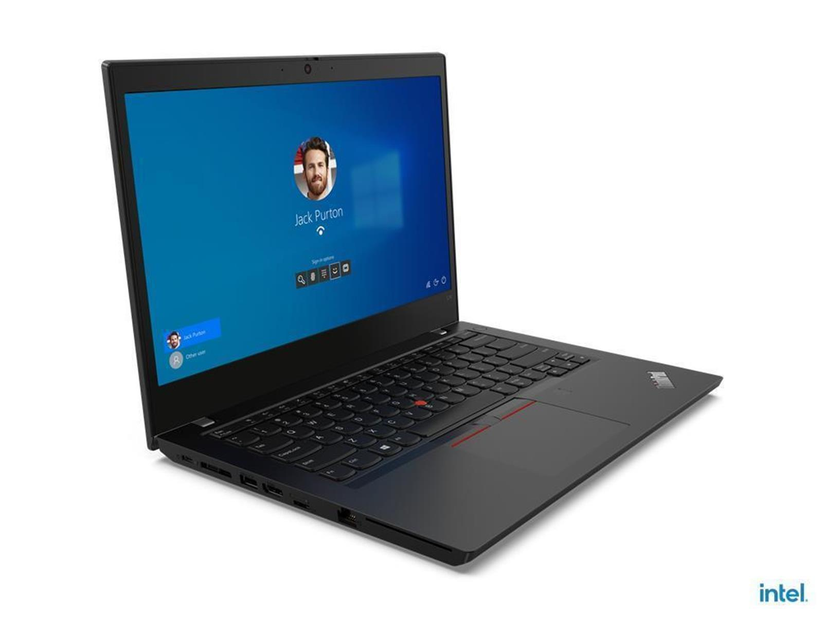Schwarzer Laptop geöffnet, zeigt einen Anmeldebildschirm mit einem Mann. Intel-Logo unten.