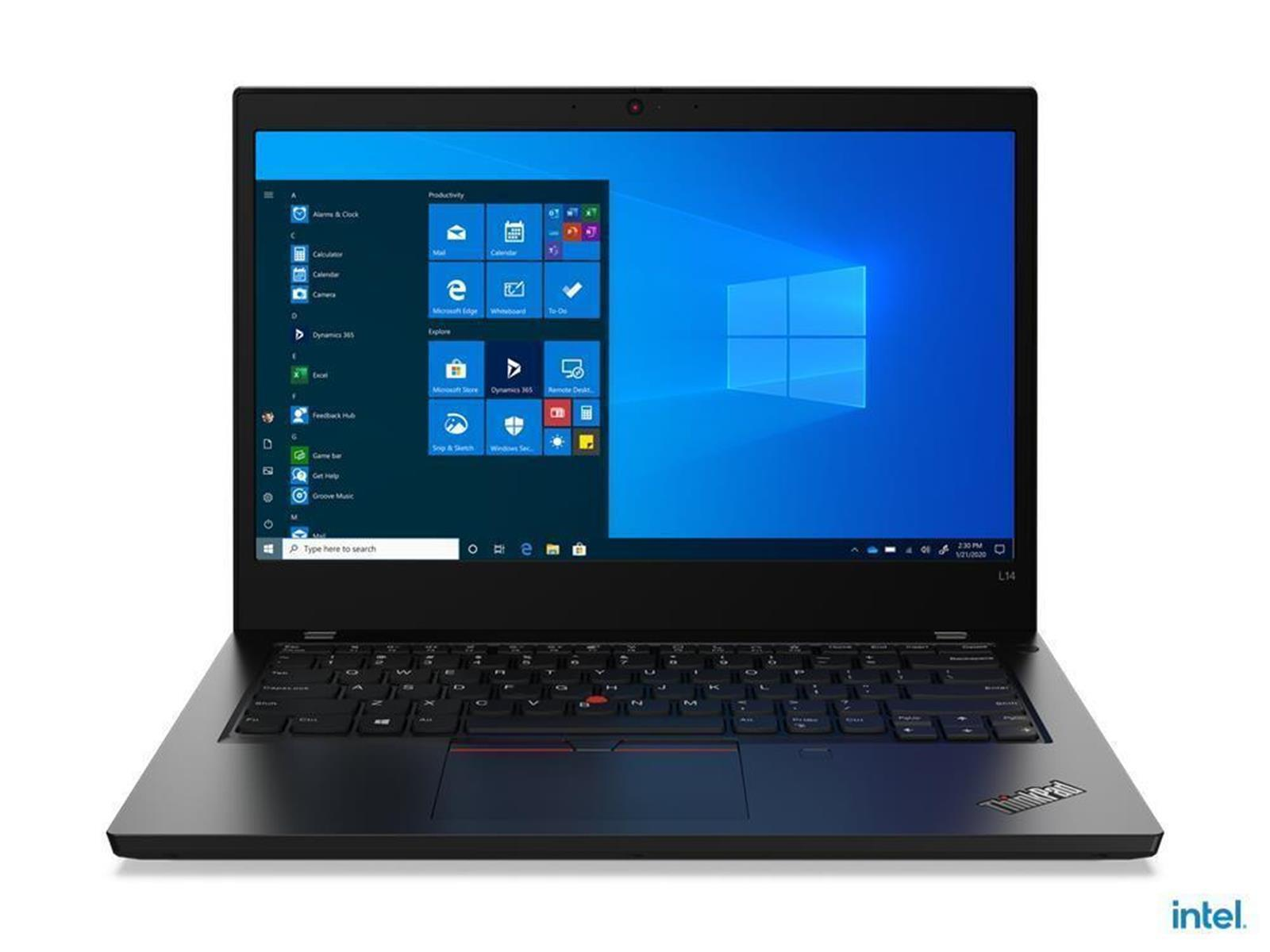Schwarzer Laptop geöffnet, Windows-Startbildschirm. Intel-Logo unten.