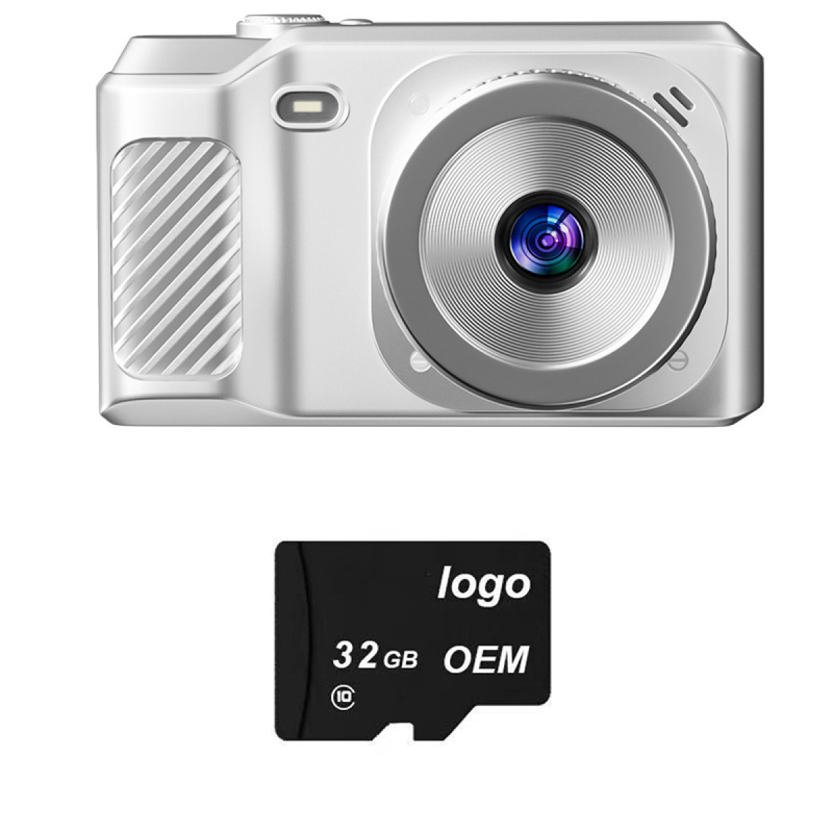 Fotocamera digitale argentata con obiettivo e scheda SD con etichetta 'logo'.