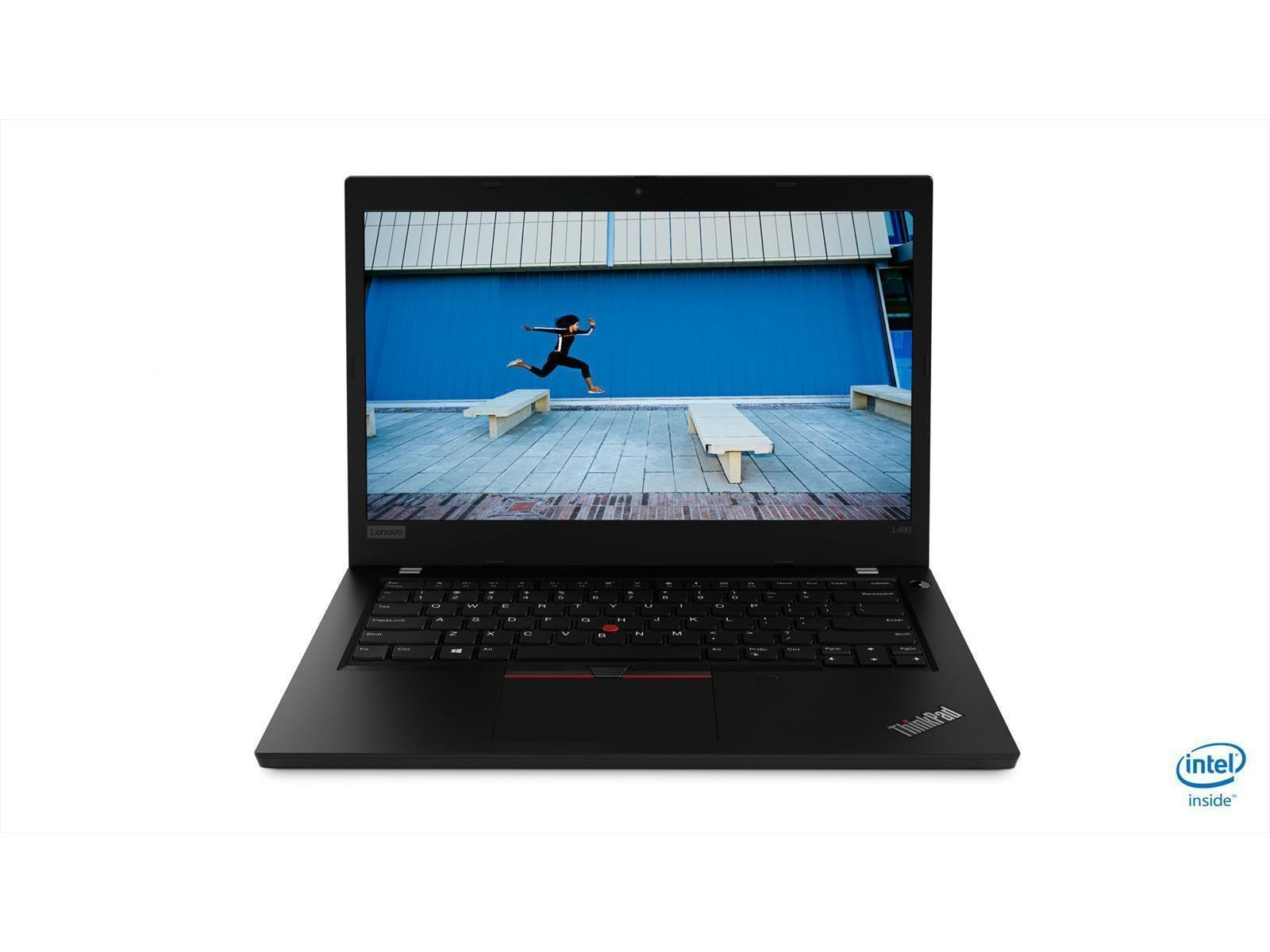 Schwarzer ThinkPad-Laptop, der eine springende Person vor blauem Hintergrund zeigt.