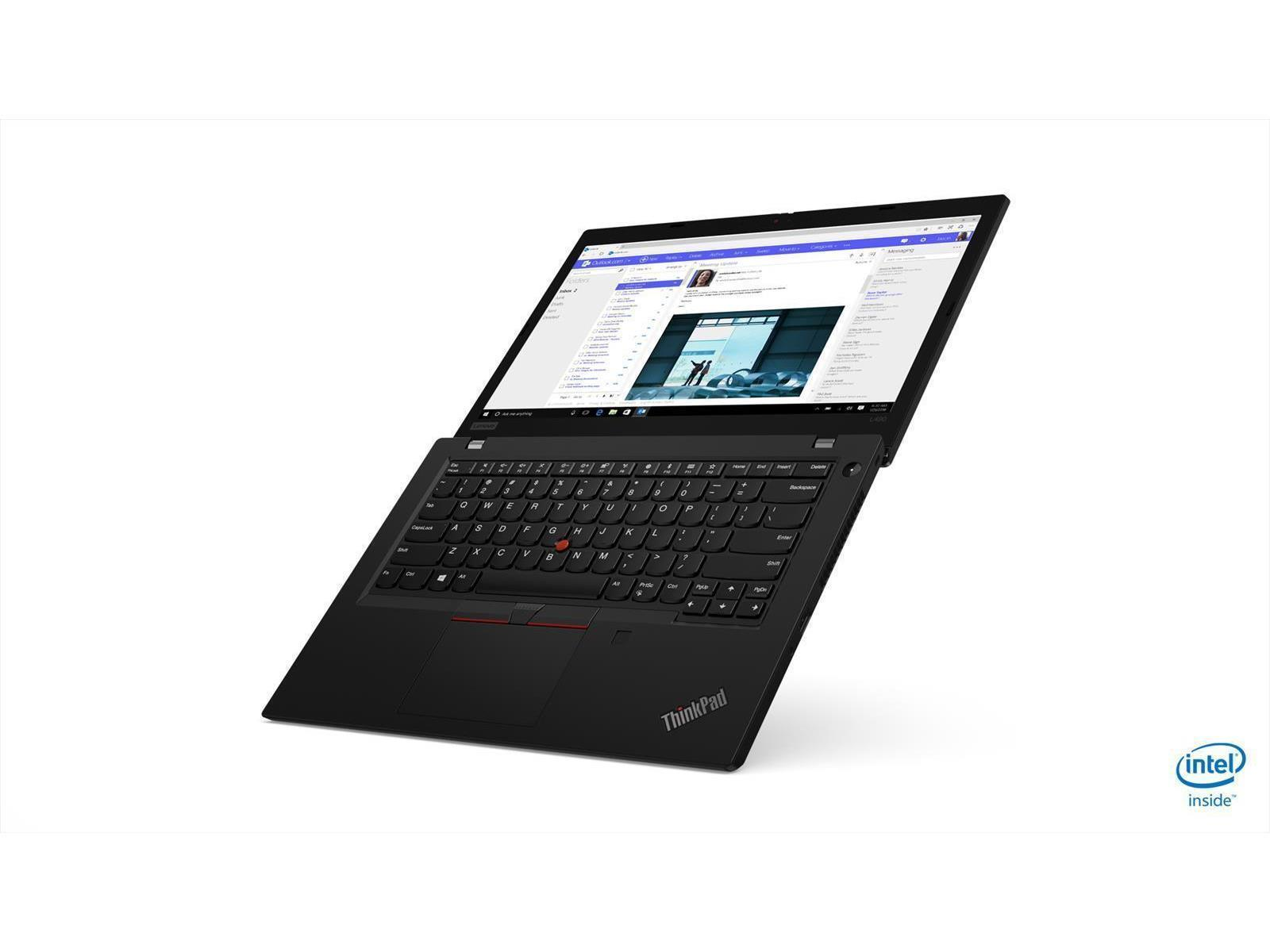 Schwarzer ThinkPad-Laptop, der eine Webseite mit einer Dokumentoberfläche anzeigt.