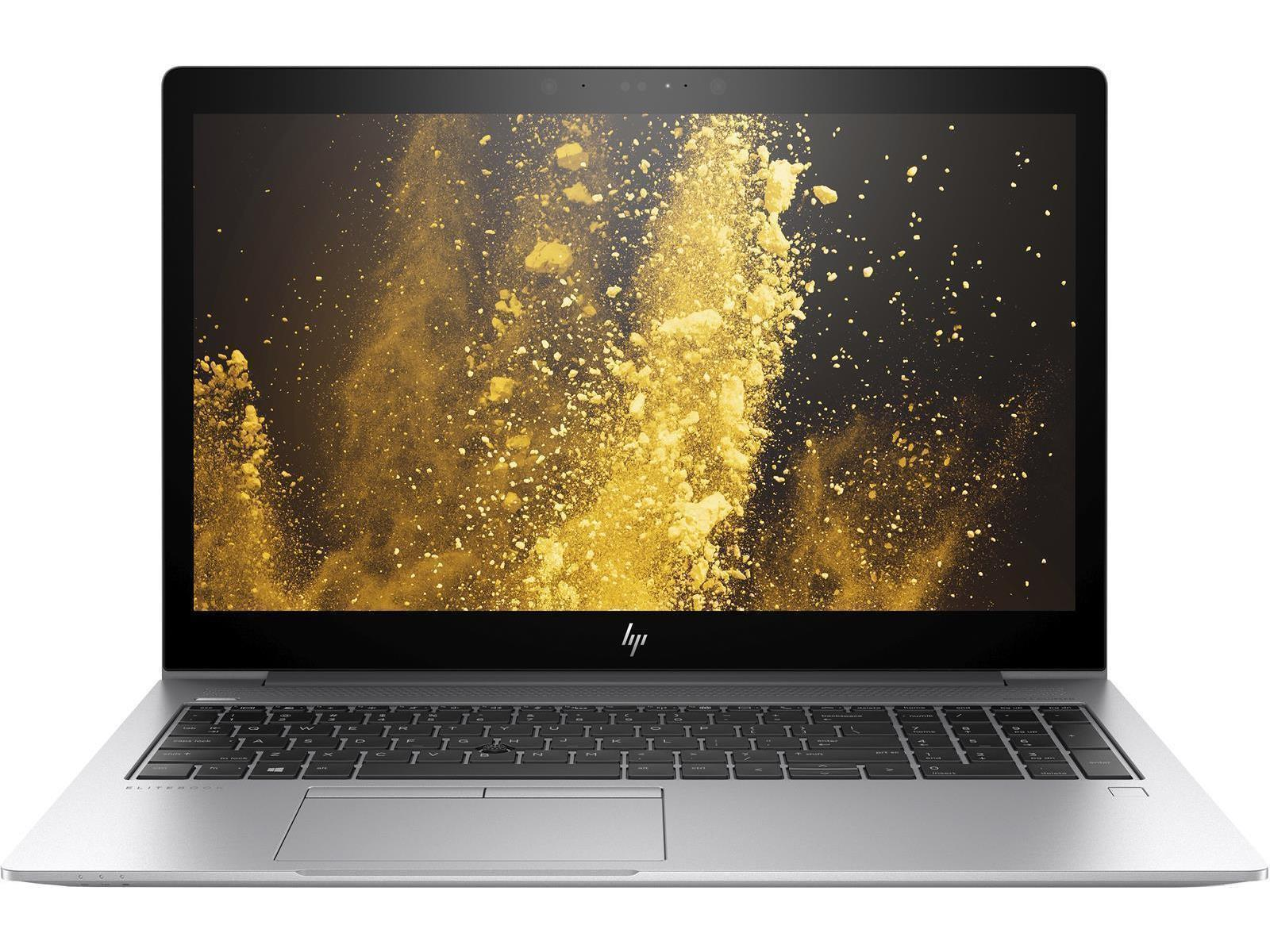 Silberner Laptop mit schwarzer Tastatur. Display zeigt gelbe und goldene Staubexplosion.