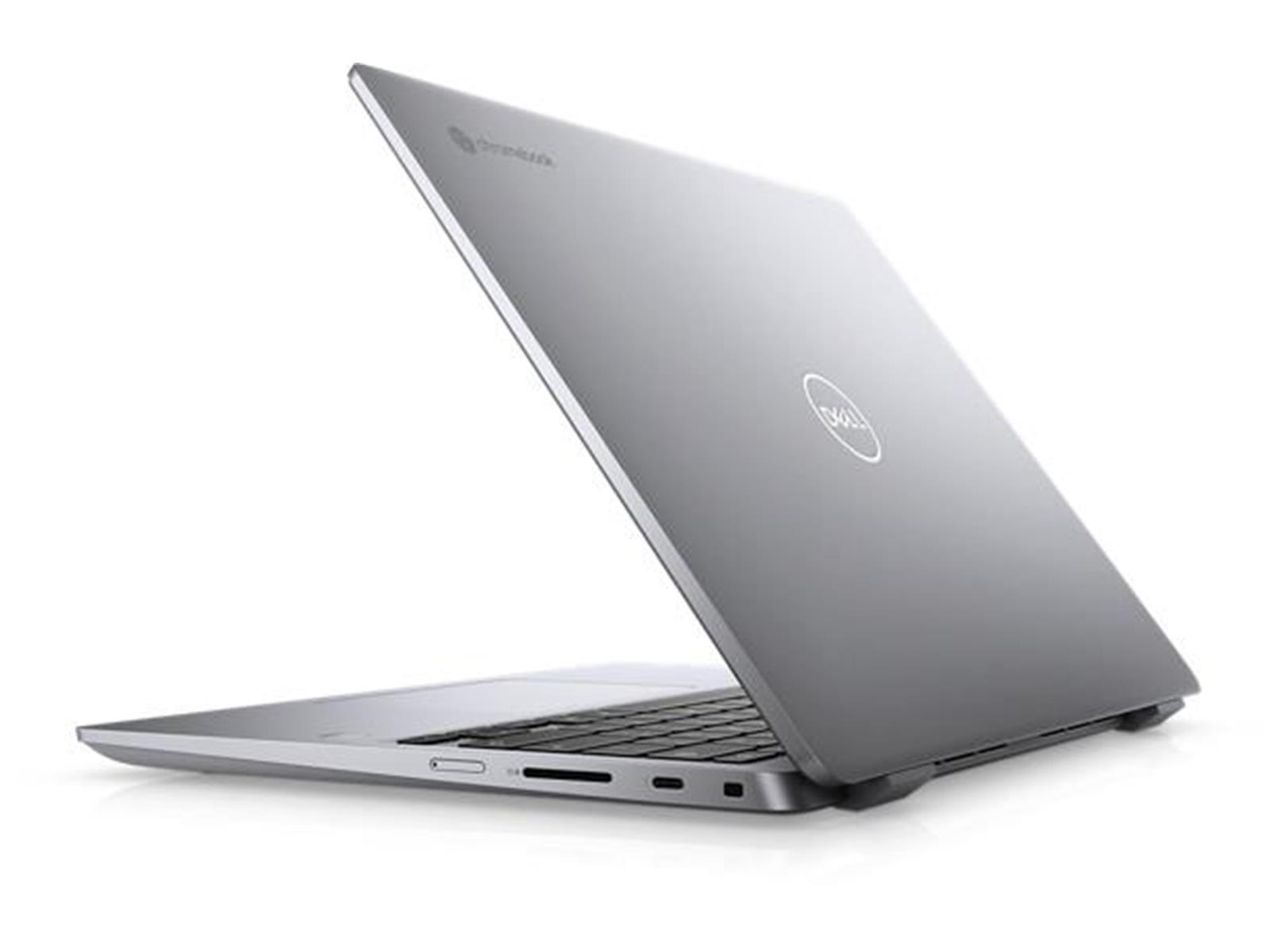 Silberner Laptop mit geöffnetem Deckel. Ein Dell-Logo befindet sich auf dem Deckel. Weißer Hintergrund.