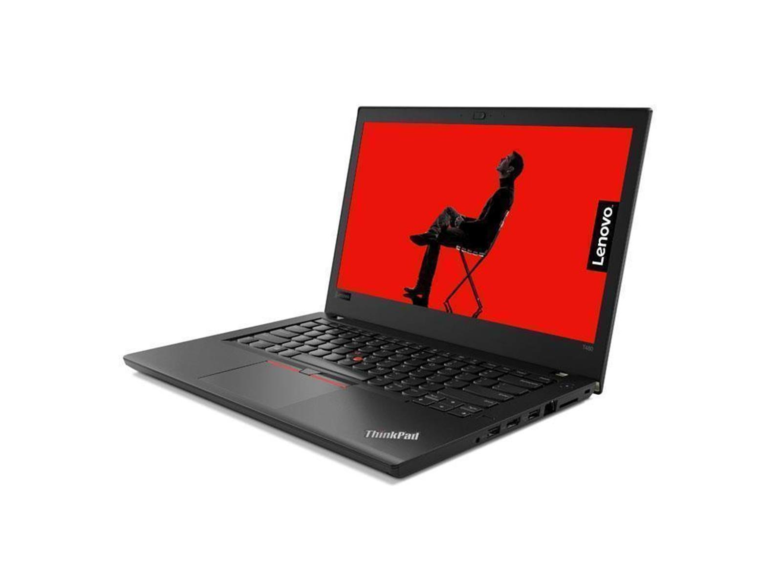 Schwarzer Laptop mit rotem Bildschirm. Mann sitzt auf einem Stuhl. Lenovo-Logo oben rechts.