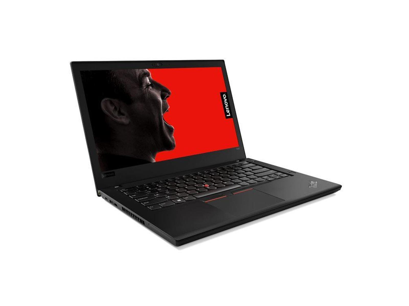 Schwarzer Laptop mit rotem Bildschirm. Ein schreiendes Gesicht ist sichtbar. Lenovo-Logo.
