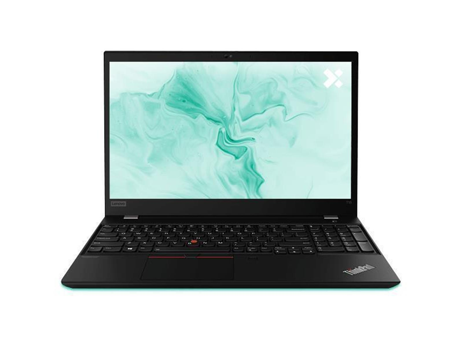Schwarzer Lenovo-Laptop. Bildschirm zeigt abstrakte Kunst. Tastatur sichtbar.