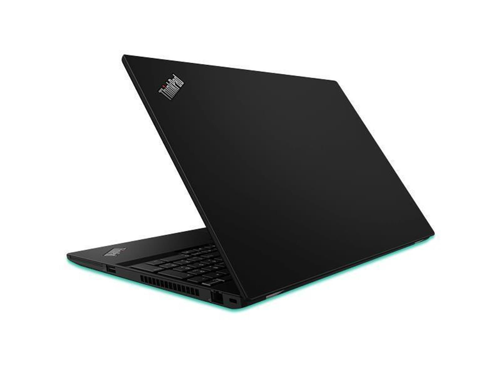 Schwarzer Laptop geschlossen. Lenovo-Logo auf der Rückseite. Grüner Streifen unten. Weißer Hintergrund.
