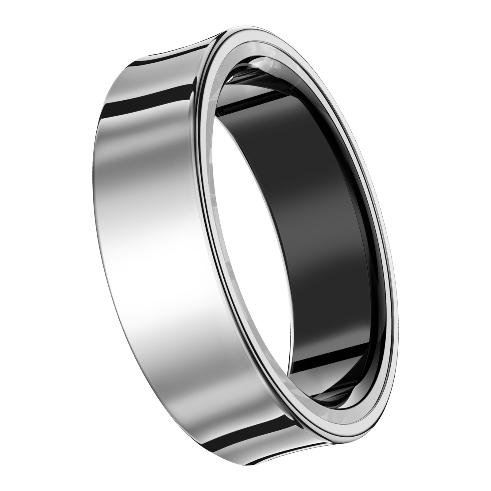 Silberner Ring. Es ist ein massives, glänzendes Band mit schwarzem Innenraum.