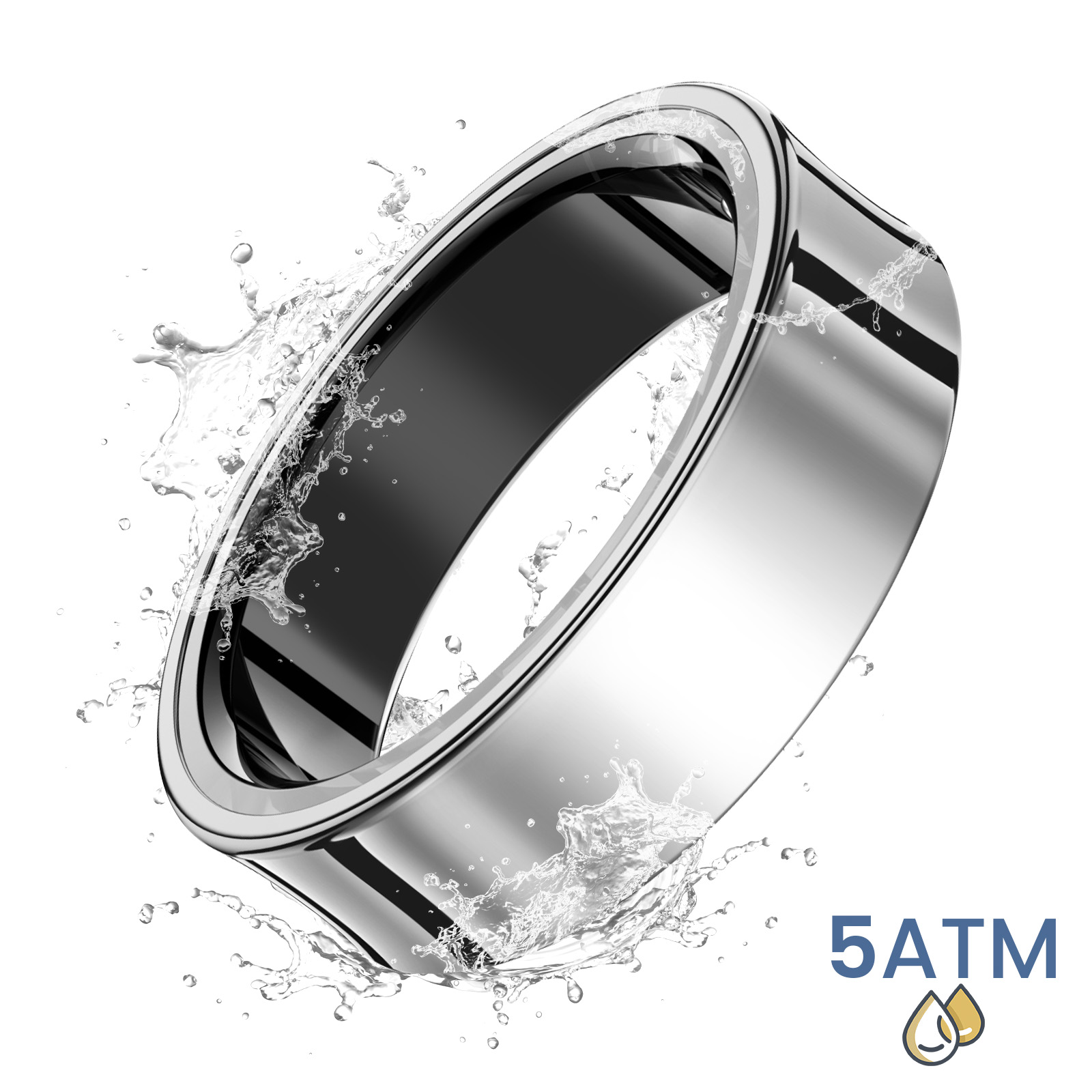 Silberring mit Wasserspritzern. Der Ring hat einen schwarzen Innenraum.