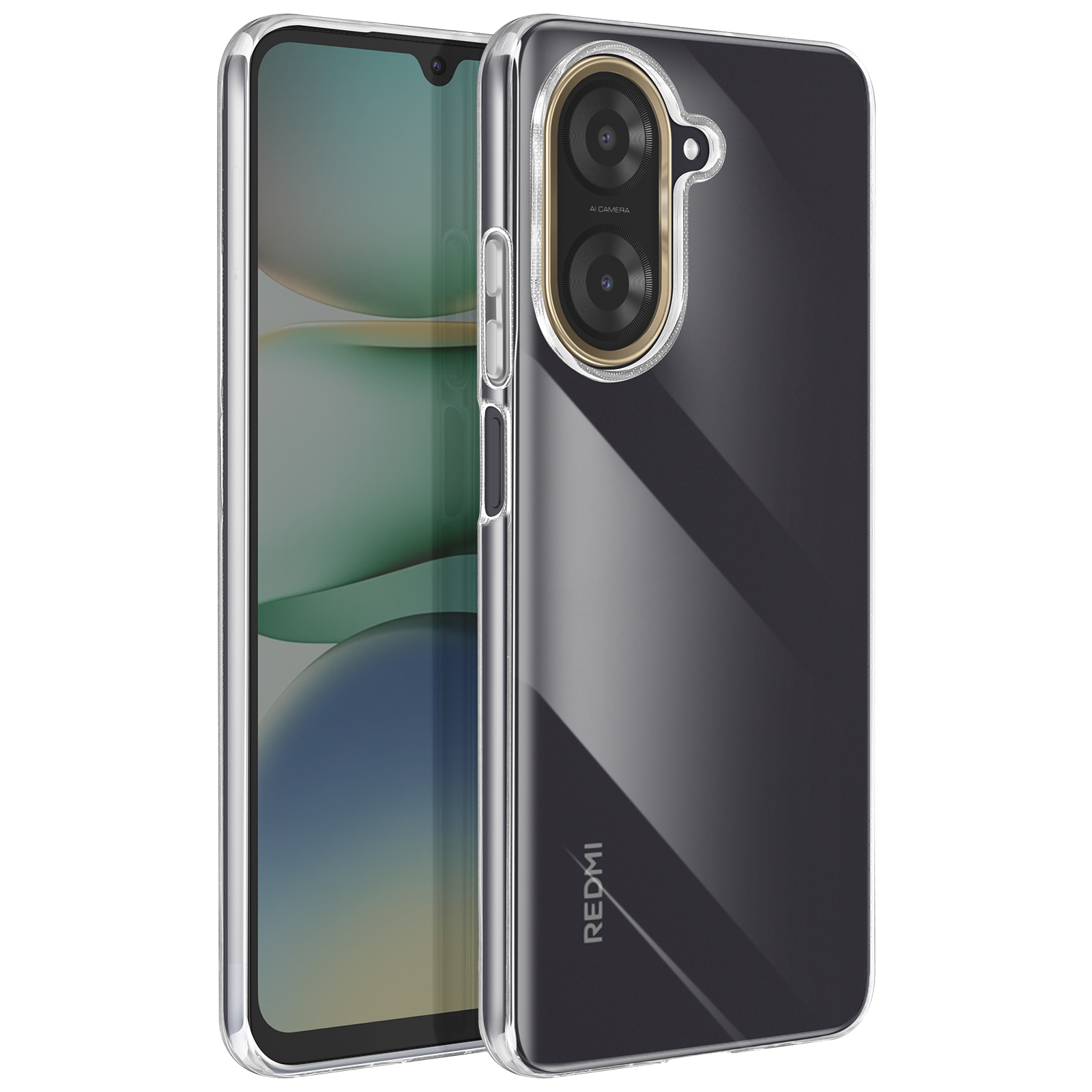 Un telefono in una custodia trasparente. La parte posteriore del telefono è visibile. La fotocamera è in alto.