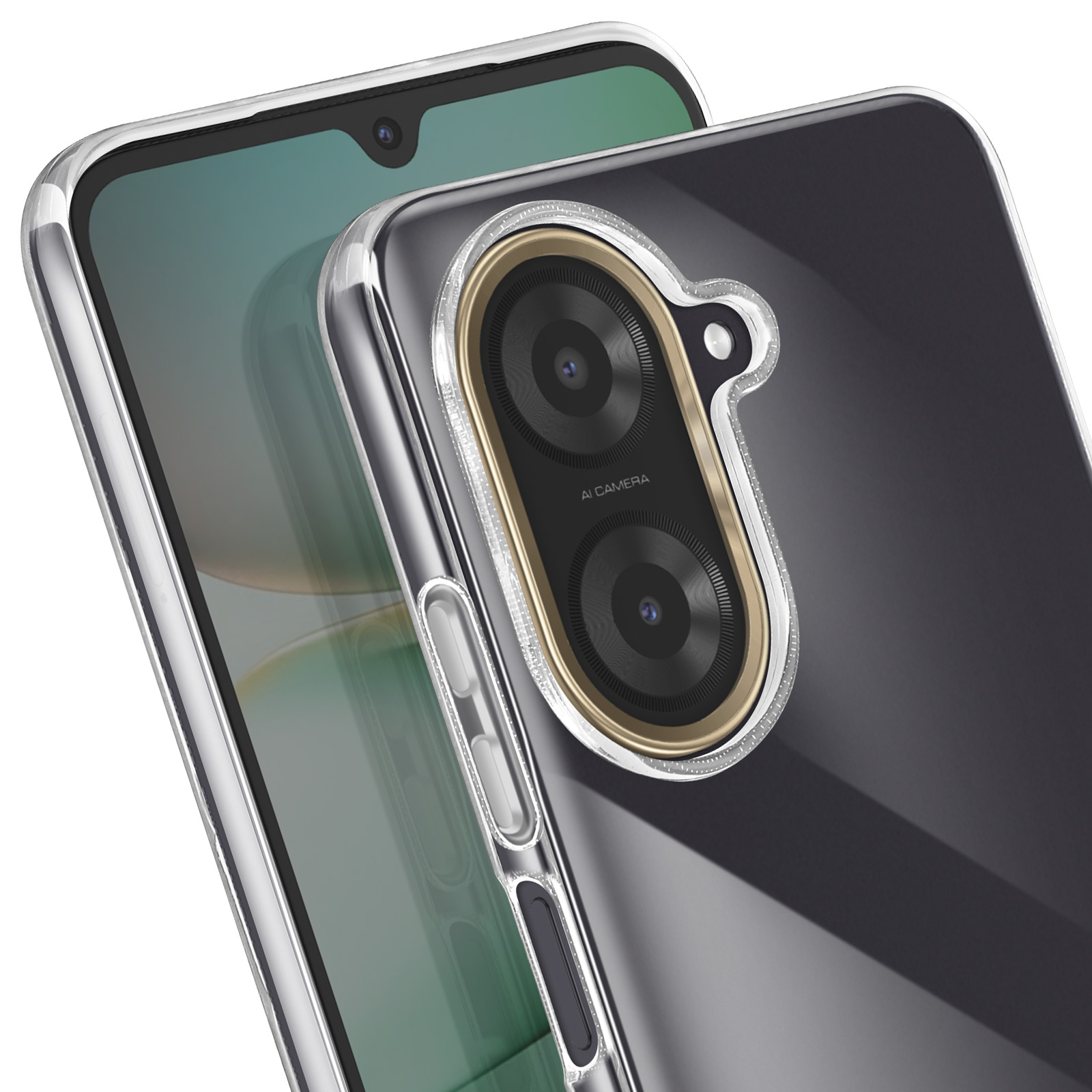 Una custodia trasparente su un telefono. Il telefono mostra la fotocamera e i pulsanti.