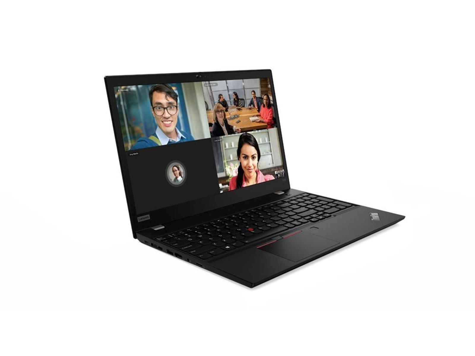 Schwarzer Laptop mit Videoanruf auf dem Bildschirm, mehrere Personen, weißer Hintergrund.