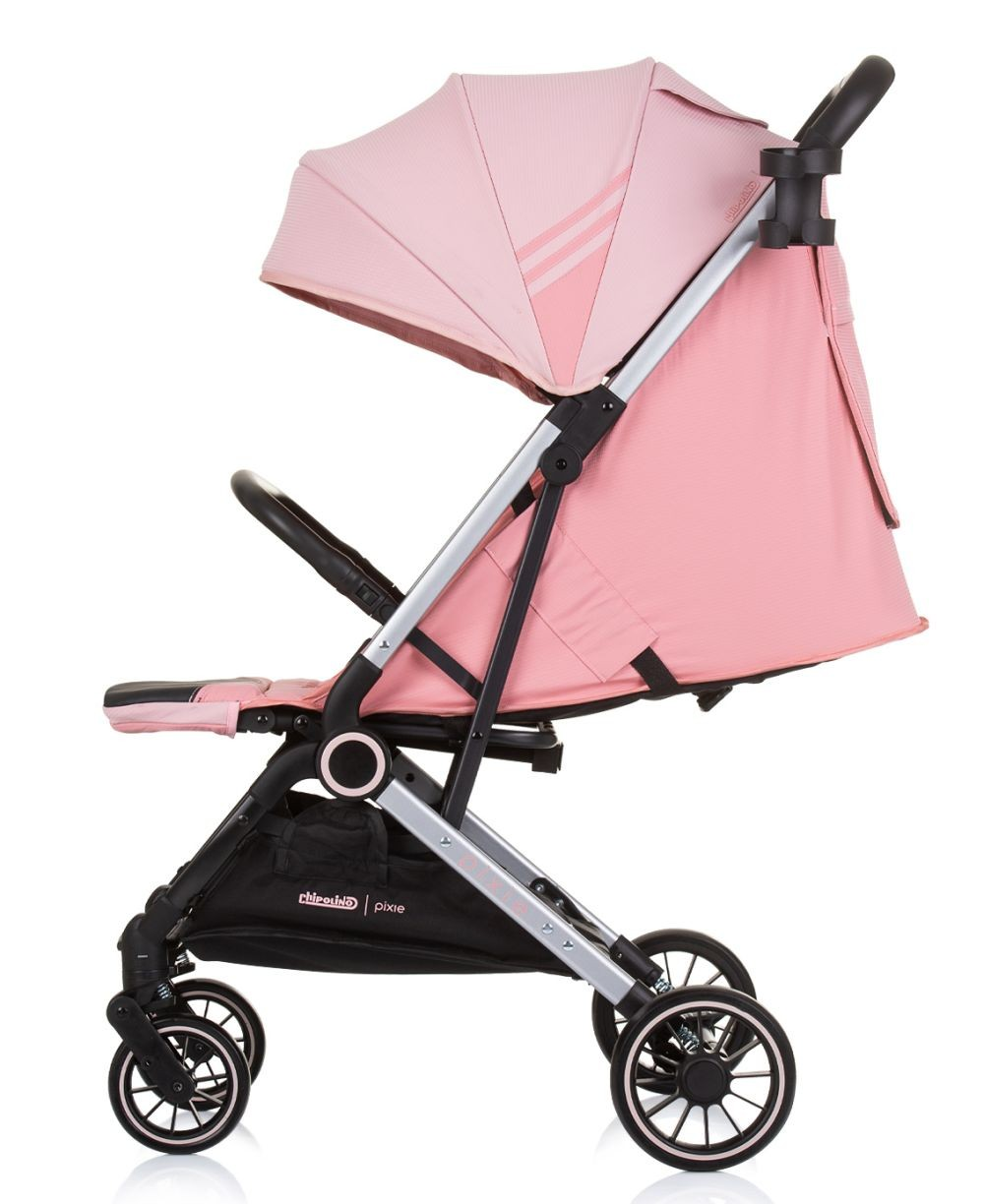 Cochecito rosa, vista lateral, marco negro, parasol, fondo blanco.