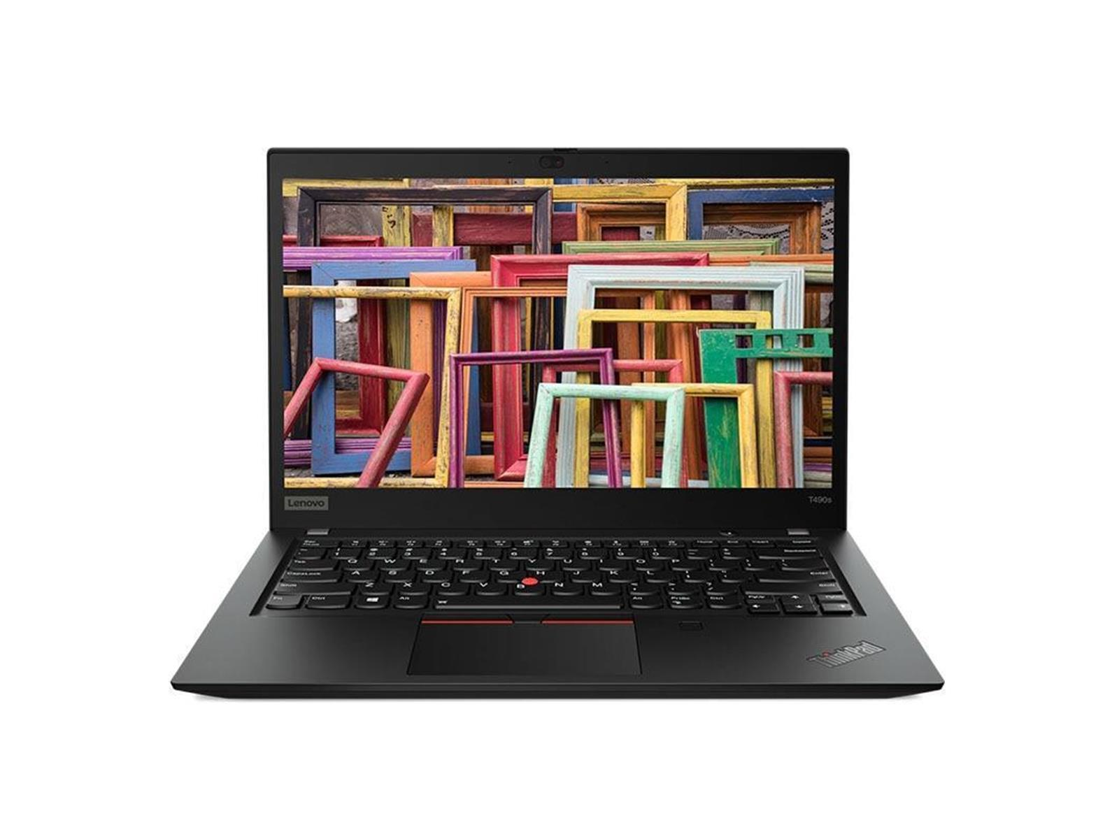 Schwarzer Lenovo-Laptop, geöffnet, mit farbenfroher Rahmenanzeige auf dem Bildschirm, auf weißer Oberfläche.