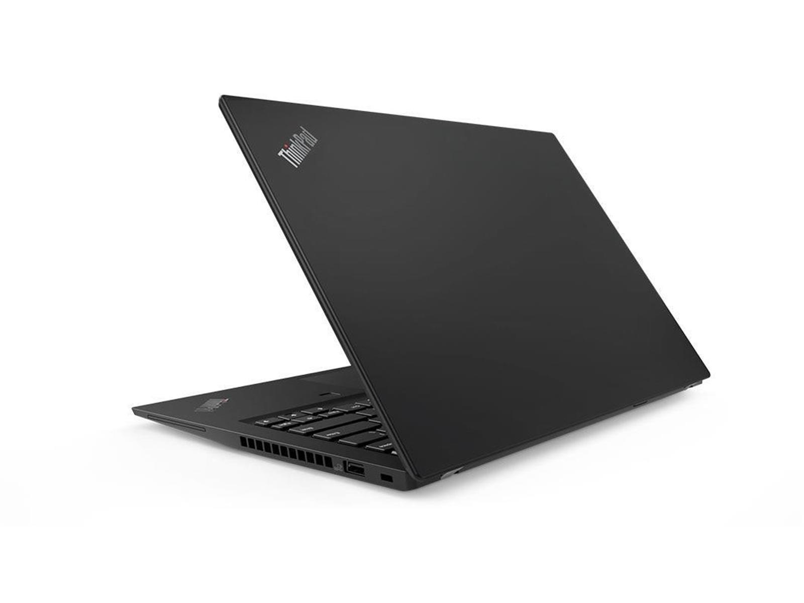Schwarzer Laptop, Rückansicht, ThinkPad-Logo, weißer Hintergrund.