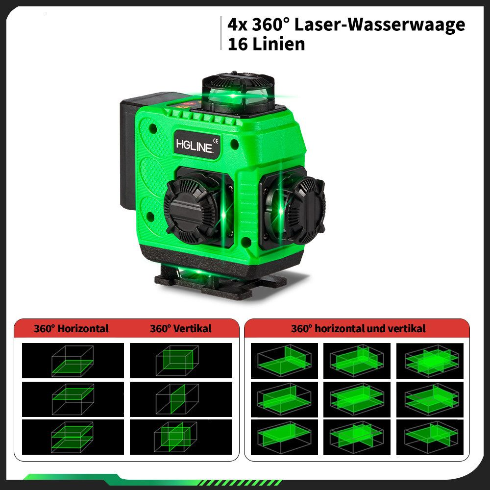 Grünes Laser-Nivelliergerät mit Diagrammen, die horizontale und vertikale Linien zeigen.