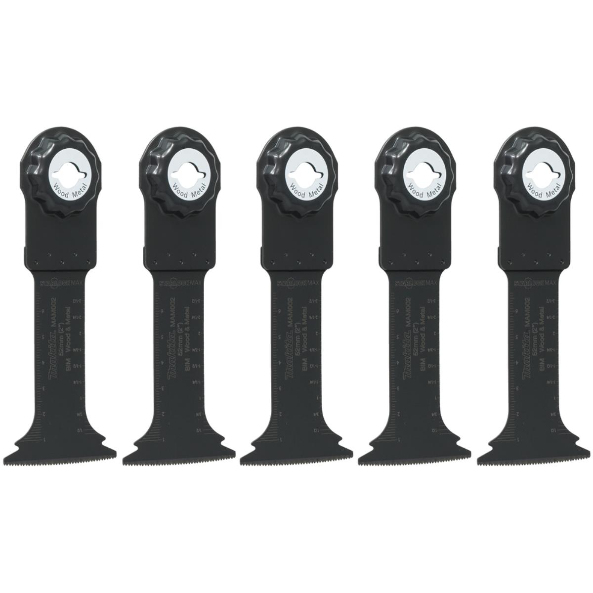 Fünf schwarze Multi-Tool-Klingen, nebeneinander angeordnet, mit rundem Ende und gezahnter Kante. Weißer Hintergrund.