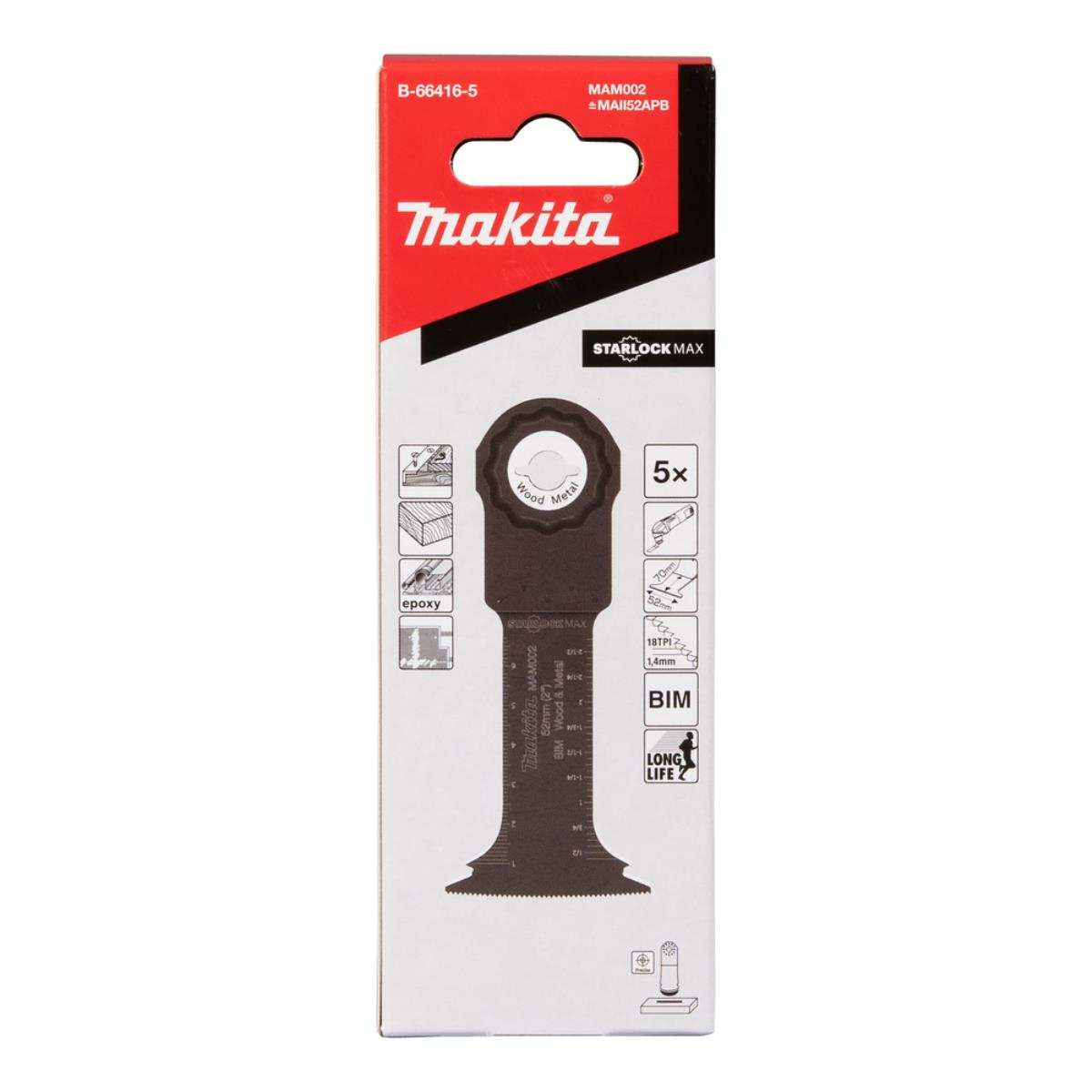 Makita Starlock MAX Klingelverpackung. Rote und weiße Box mit Produktdetails und Symbolen. Weißer Hintergrund.