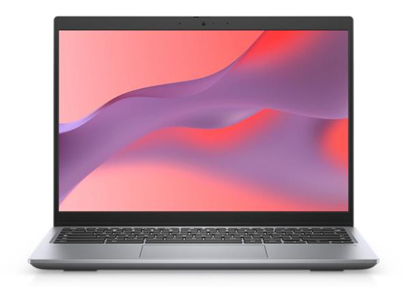 Silberner Laptop mit farbenfrohem Bildschirm. Die Tastatur ist sichtbar. Weißer Hintergrund.
