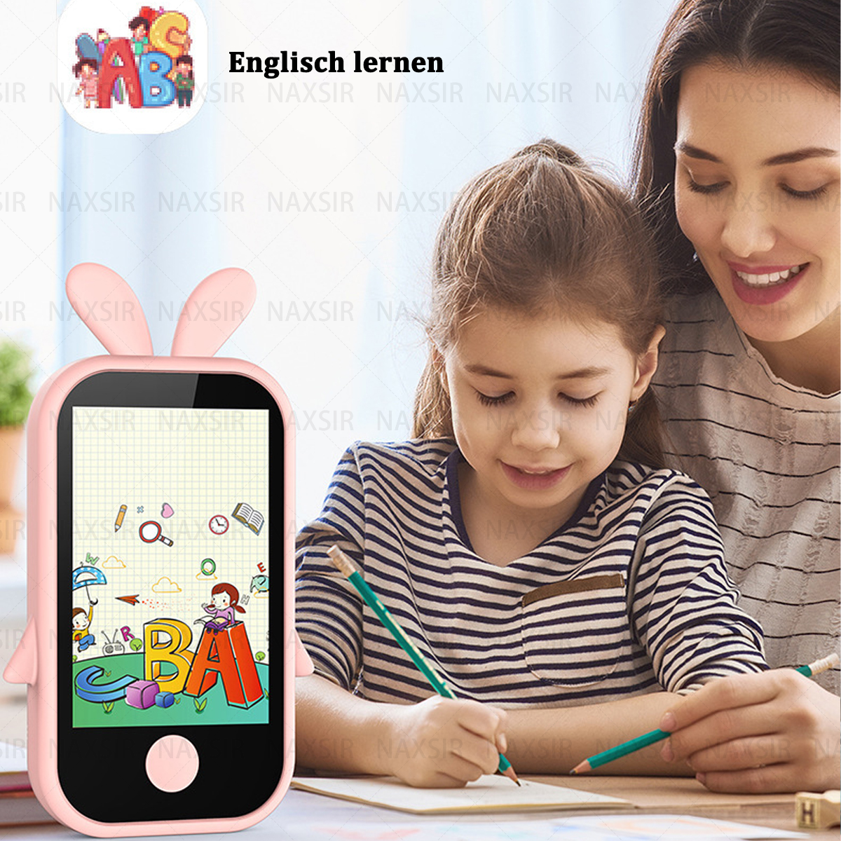 Dispositivo rosa con orecchie da coniglio. Un bambino disegna con una matita. Il testo dice 'Englisch lernen'.