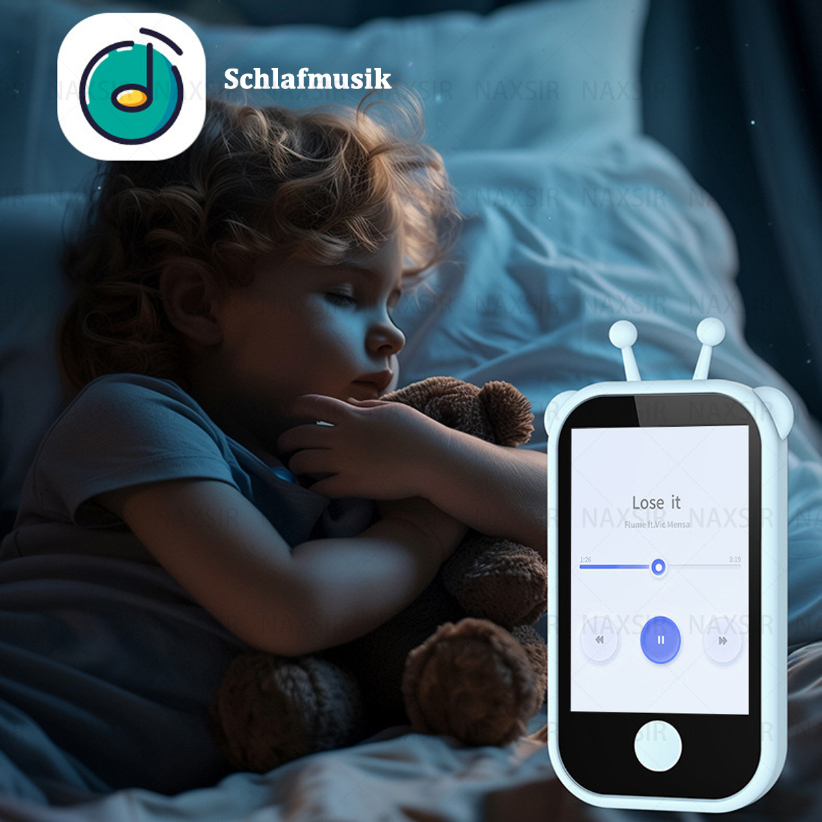Dispositivo blu con antenne. Un bambino dorme con un orsacchiotto. Il testo dice 'Schlafmusik'.