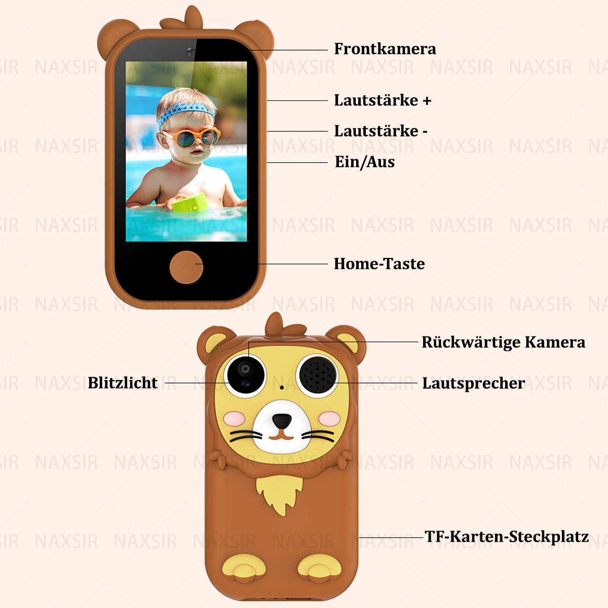 Braunes, bärenförmiges Telefon. Es hat einen Bildschirm, eine Kamera und Tasten. Text beschriftet Merkmale.