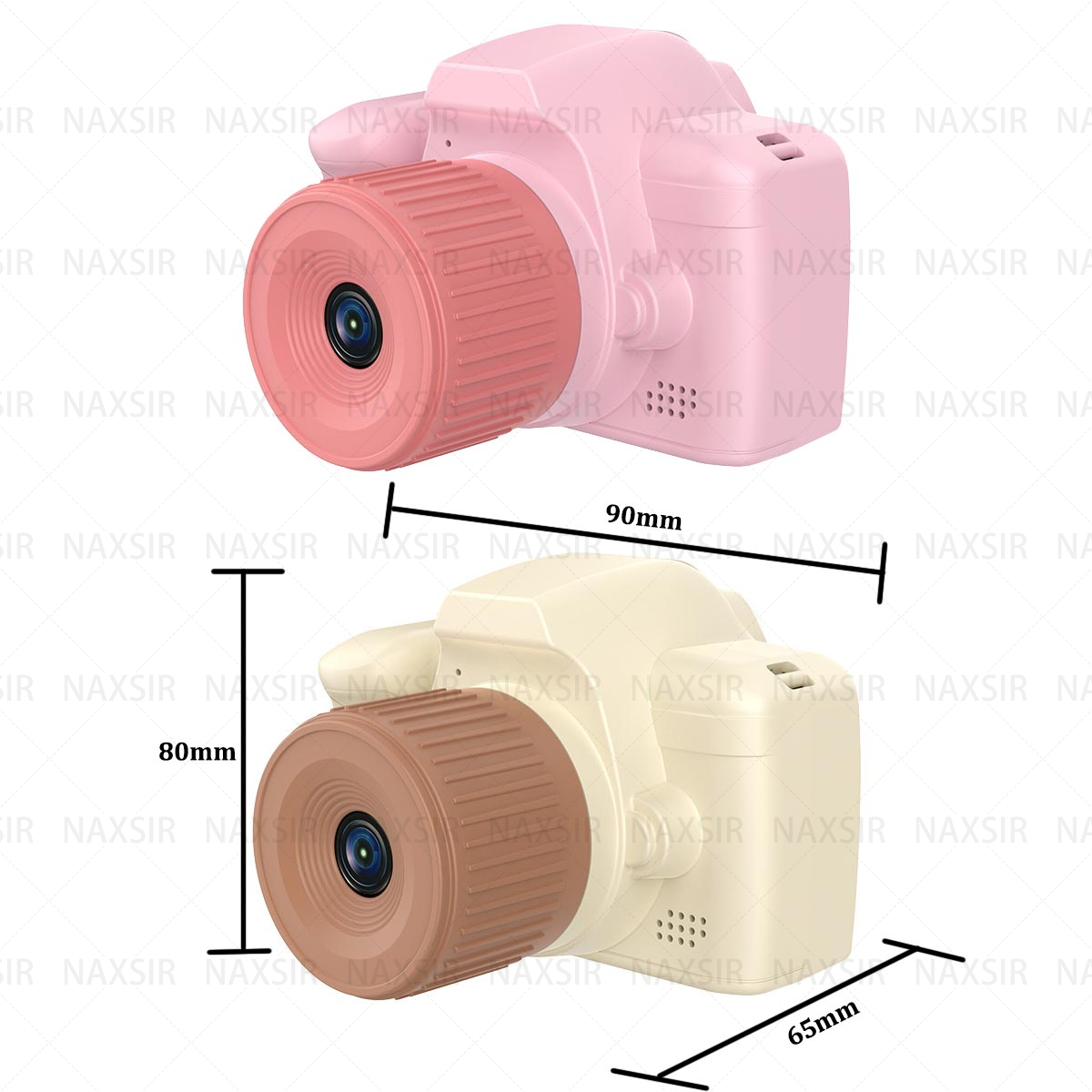 Fotocamere giocattolo rosa e beige. Le dimensioni sono mostrate. Sfondo bianco.
