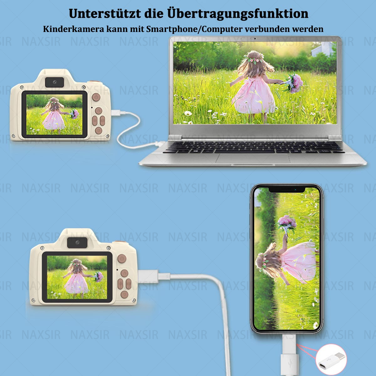 Fotocamera giocattolo collegata a laptop e smartphone. Ragazza con fiori mostrata sullo schermo.