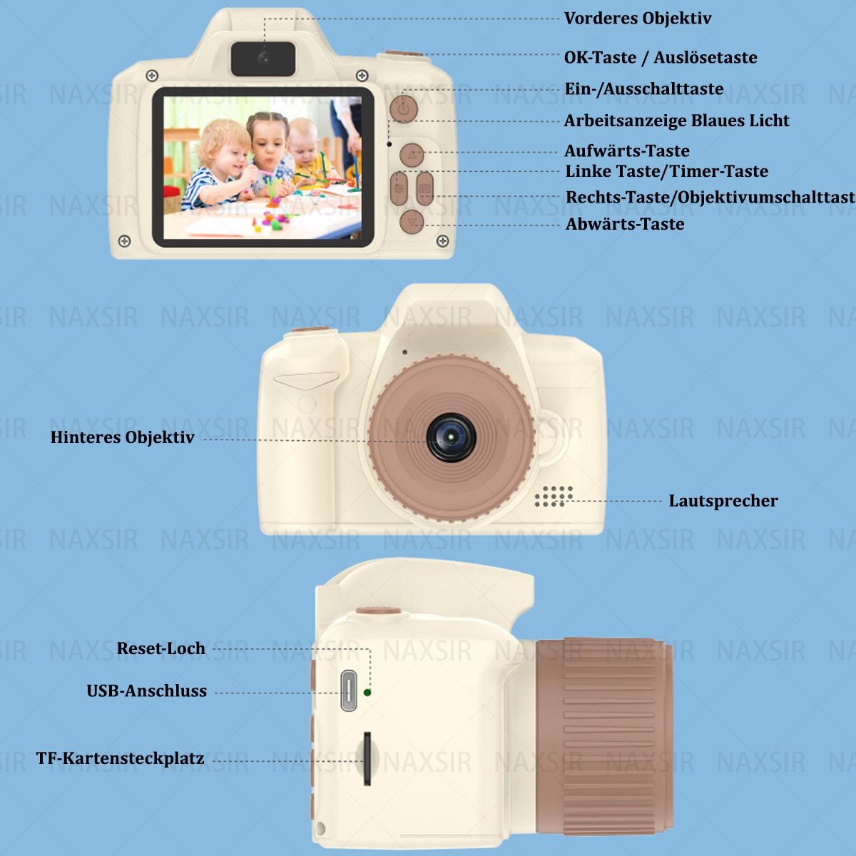 Fotocamera giocattolo beige con schermo che mostra bambini. Le etichette indicano le parti della fotocamera.