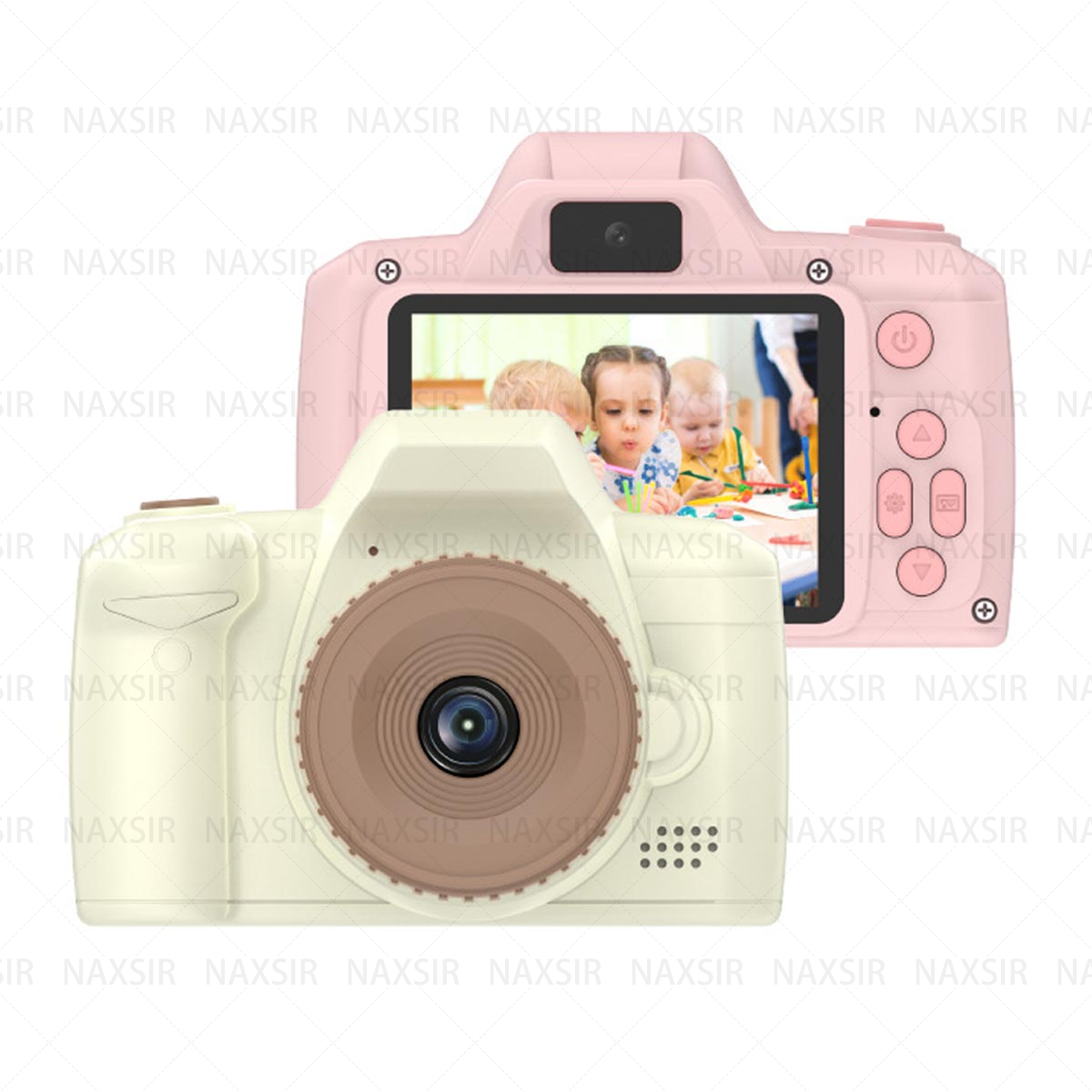 Due fotocamere giocattolo, una rosa e una beige, con uno schermo che mostra bambini.