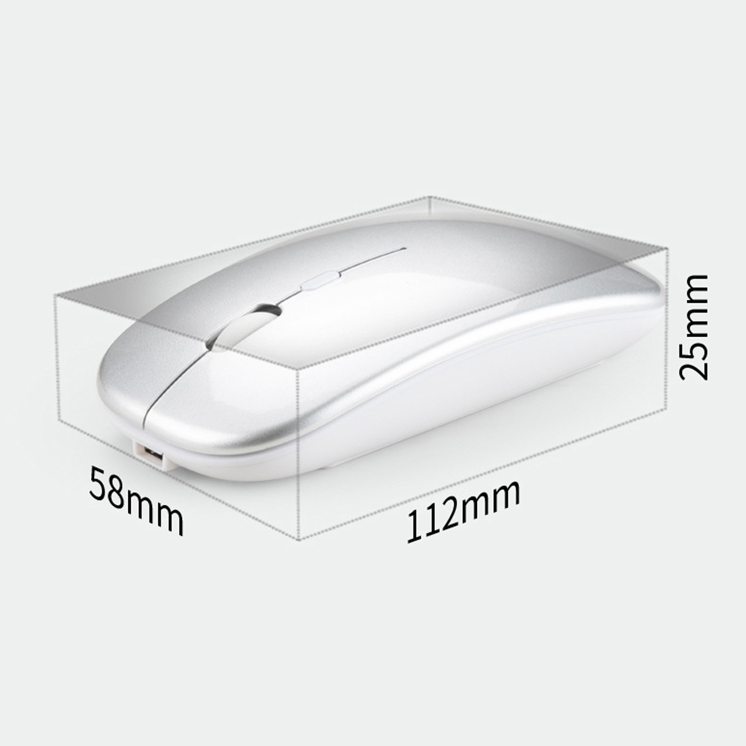 Mouse wireless argento e bianco. Le dimensioni sono mostrate con una scatola.
