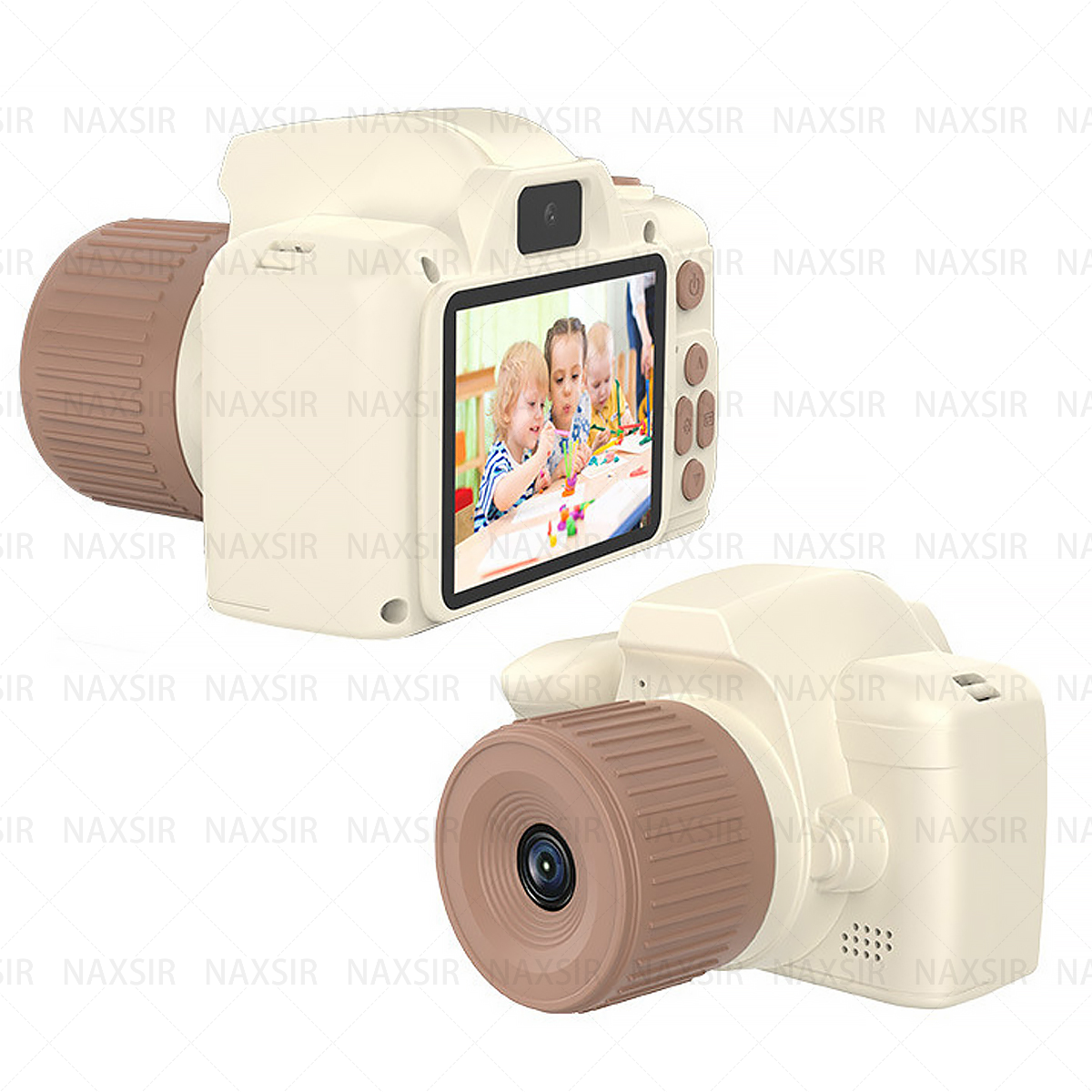 Due fotocamere giocattolo, una beige e una con uno schermo che mostra bambini.