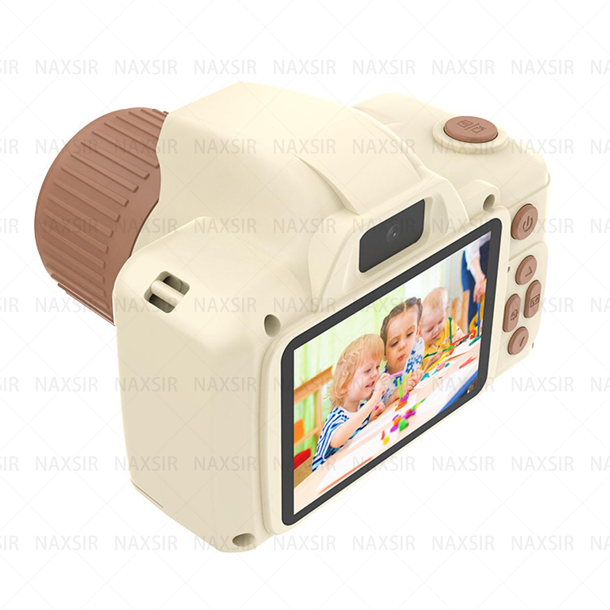 Una fotocamera per bambini color crema con uno schermo che mostra le foto dei bambini.