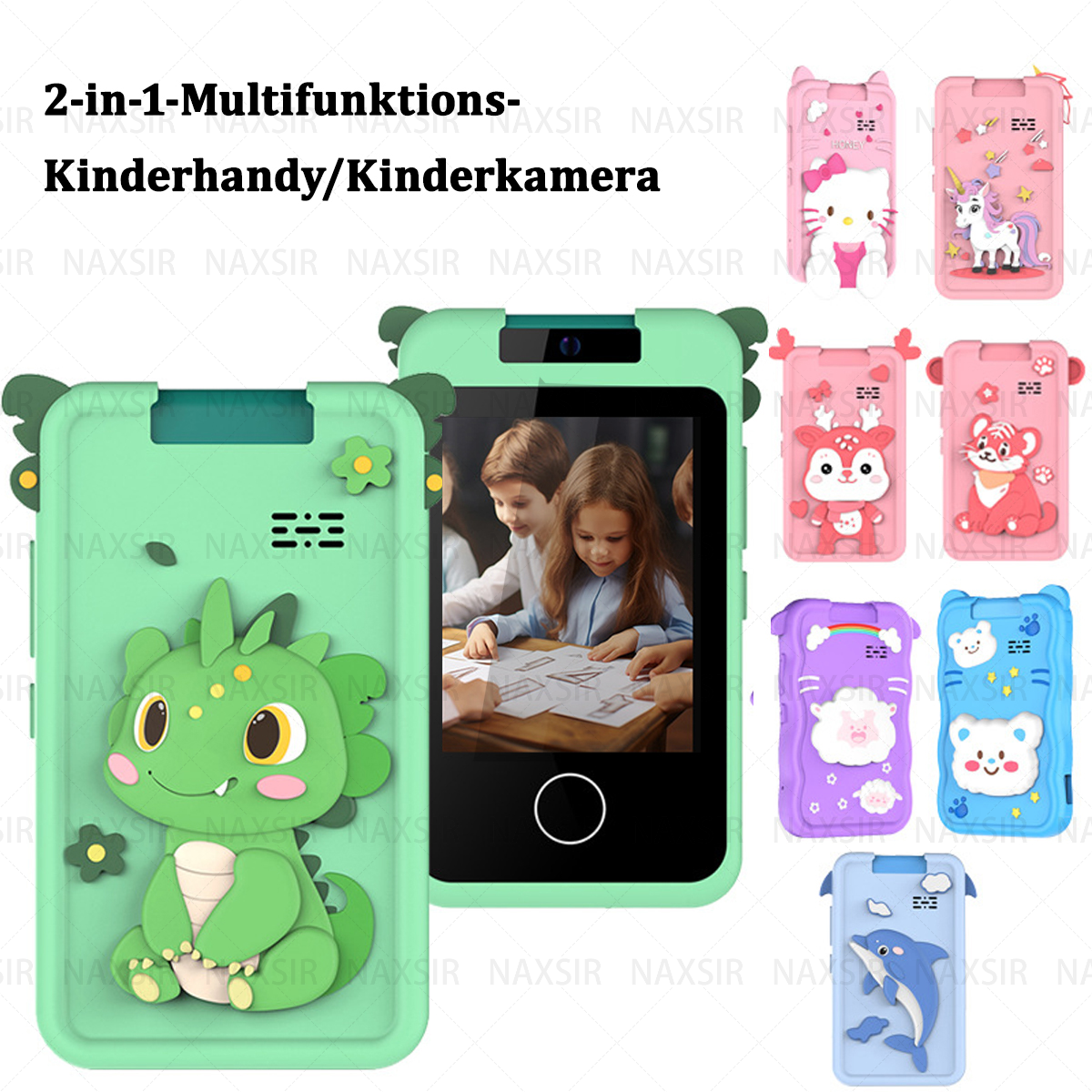 Eine grüne Handyhülle für Kinder mit verschiedenen Cartoon-Designs. Mehrere Hüllen mit unterschiedlichen Charakteren sind sichtbar.